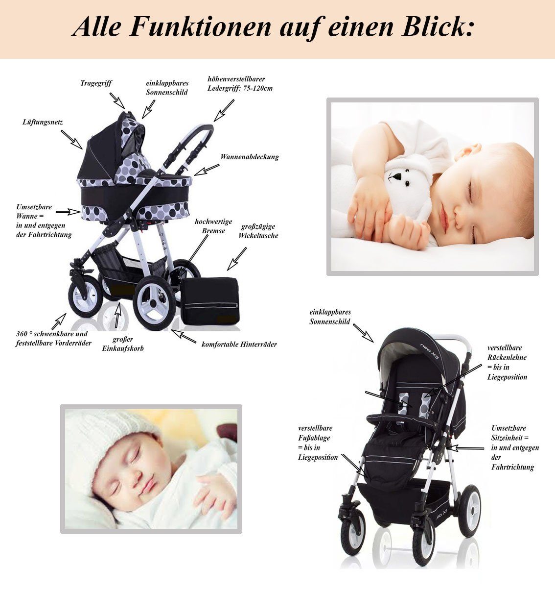 inkl. - 16 babies-on-wheels bis Farben Kombi-Kinderwagen 1 16 in Teile 4 in 3 - Star Schwarz-Türkis City Jahre Geburt von Autositz