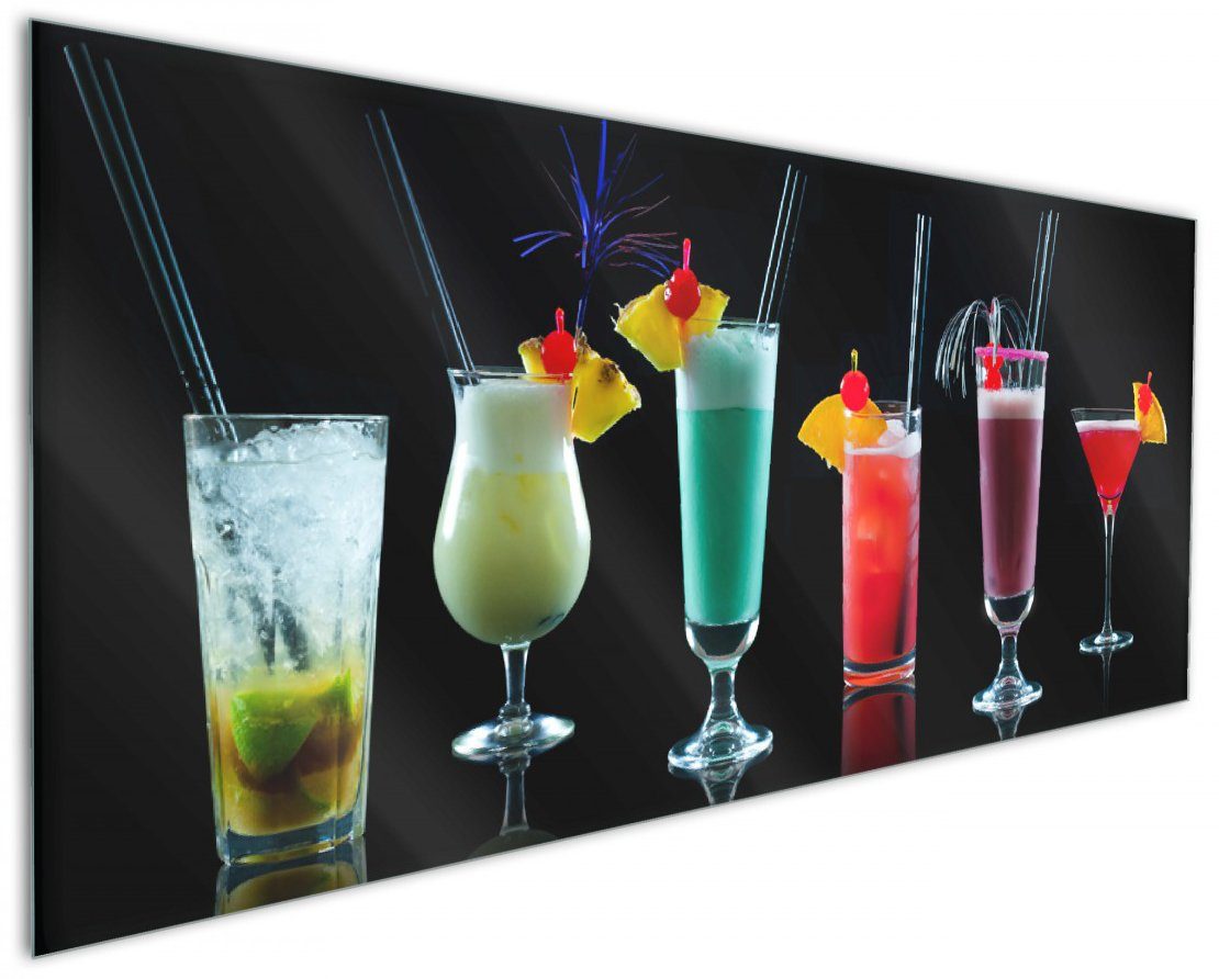 Wallario Küchenrückwand Bunte Cocktails vor schwarzem Hintergrund, (1-tlg)