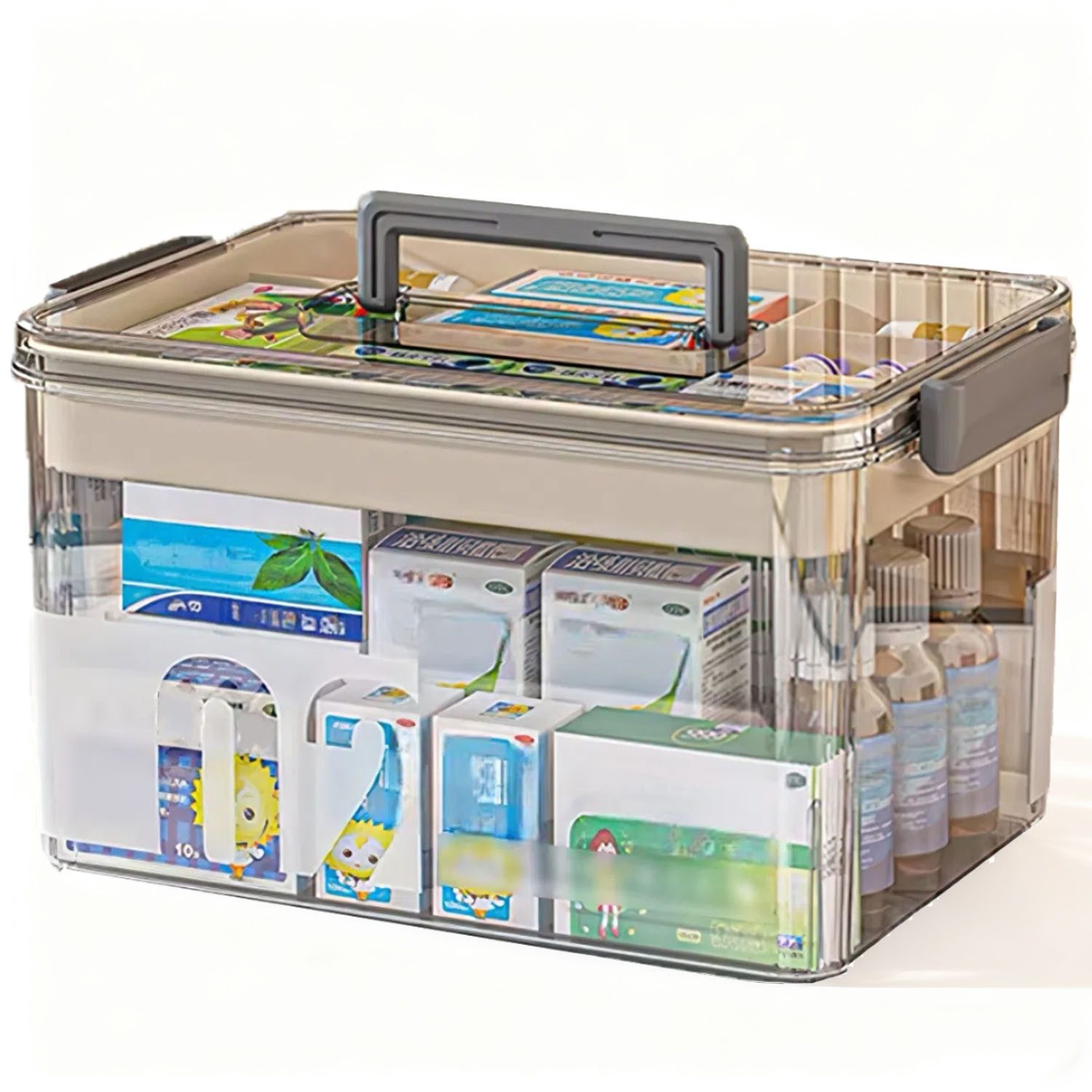 HEYHIPPO Stapelbox Handliche Medikamentenbox mit 2 Etagen, groß und praktisch für Zuhause (Aufbewahrungsbox aus verdicktem PET-Material, Größe 28 x 21 x 17 cm), Tragbare Aufbewahrungsbox für den Haushalt, transparent und sichtbar