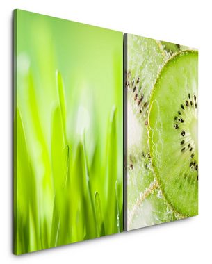 Sinus Art Leinwandbild 2 Bilder je 60x90cm Hellgrün Gras Grashalme Kiwi Frisch Essen Küche