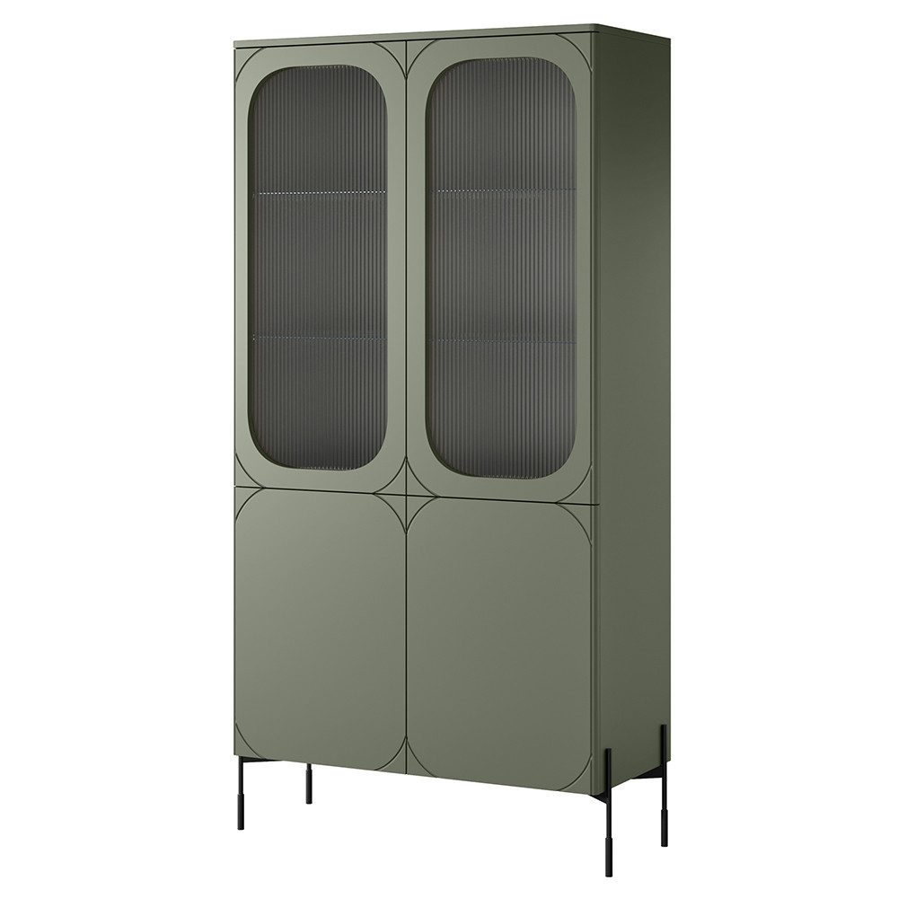 Lomadox Vitrine SPLIT-141 oliv grün matt 104 cm Metallfüße grifflos Ornamentglas Türen