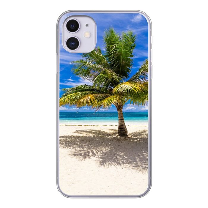 MuchoWow Handyhülle Kokosnusspalme im Sand bei Moorea in Ozeanien Handyhülle Apple iPhone 11 Smartphone-Bumper Print Handy