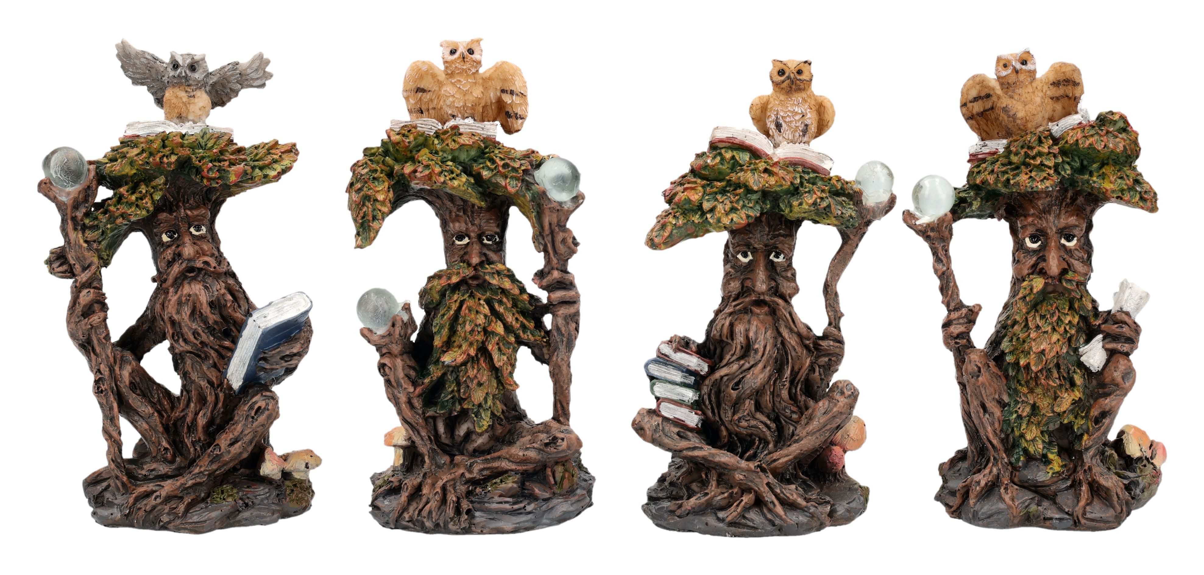 Figuren Shop GmbH Dekofigur Baumgeist Statue mit Eulen – Mystische Figuren Fantasy Deko 4er Set