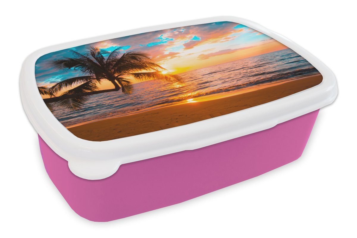 MuchoWow Lunchbox Palme - für - Erwachsene, Snackbox, (2-tlg), Kinder, Strand rosa Meer - Brotdose Sonnenuntergang Mädchen, Horizont - Kunststoff, Kunststoff - Tropisch, Brotbox