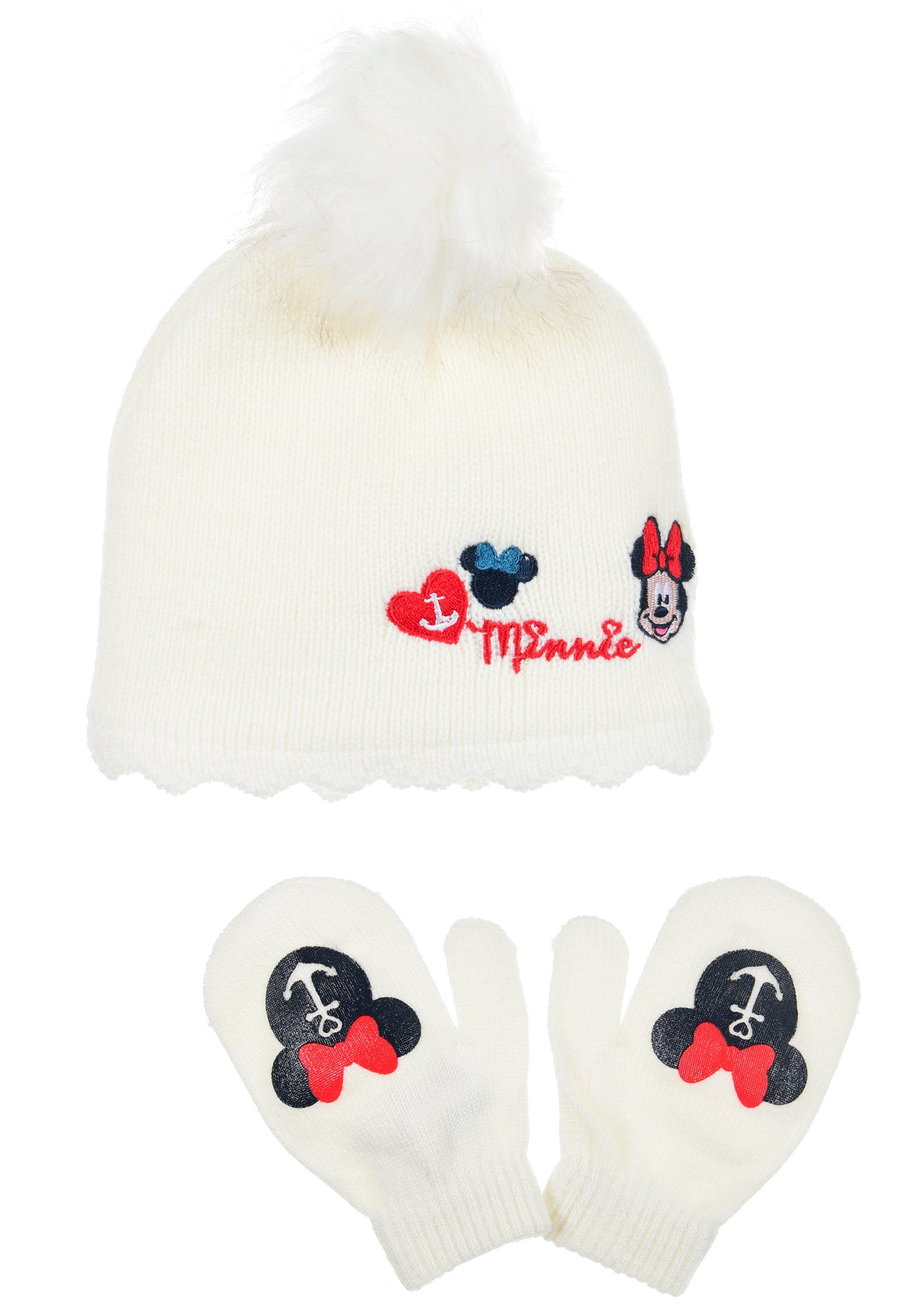 Disney Minnie Mouse Bommelmütze Baby Mädchen Winter-Mütze Strick Mütze (SET) Weiß