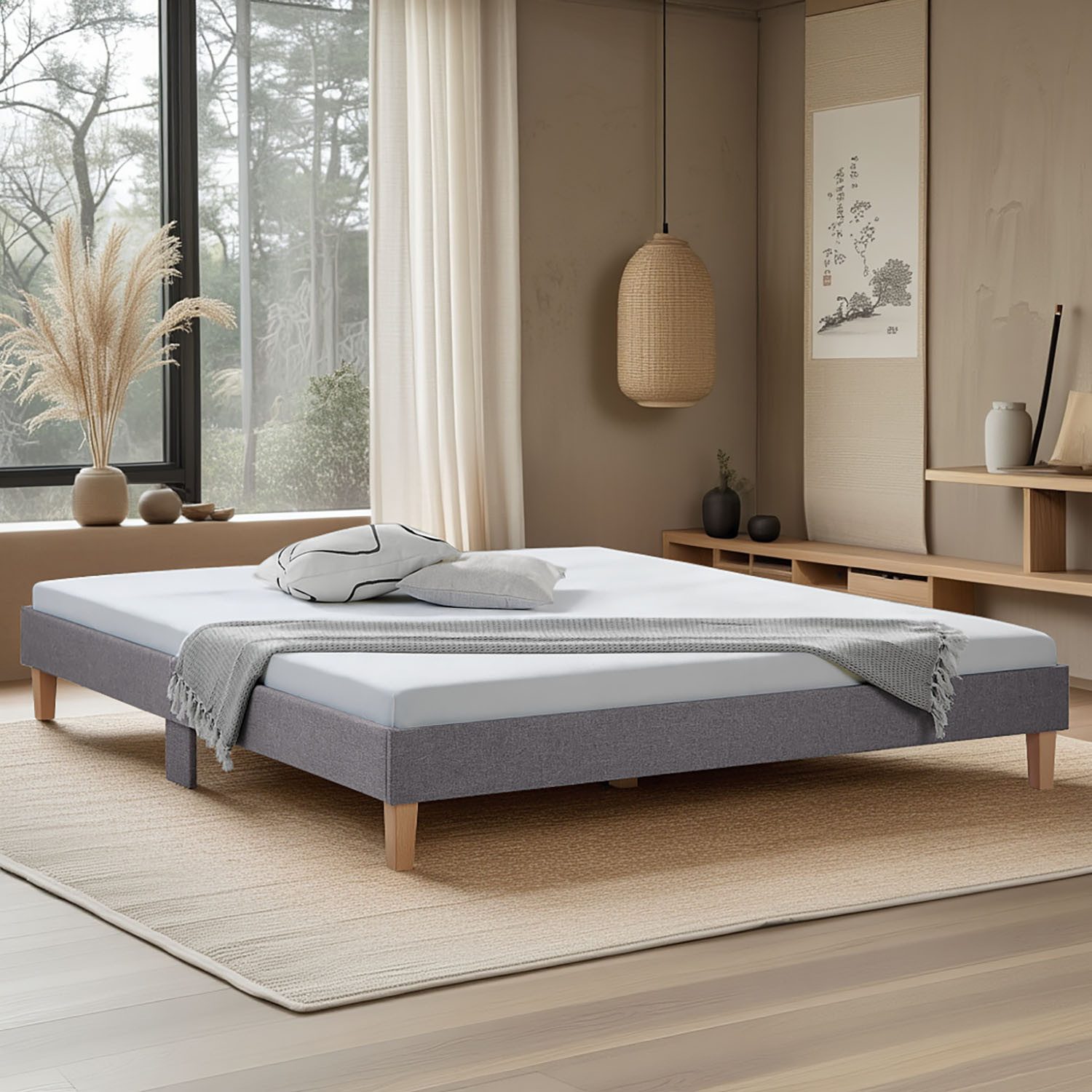 Homestyle4u Polsterbett 90x200 120x200 140x200 160x200 180x200 ohne Kopfteil Grau Futonbett (Set, mit Lattenrost), Doppelbett 180 x 200 cm