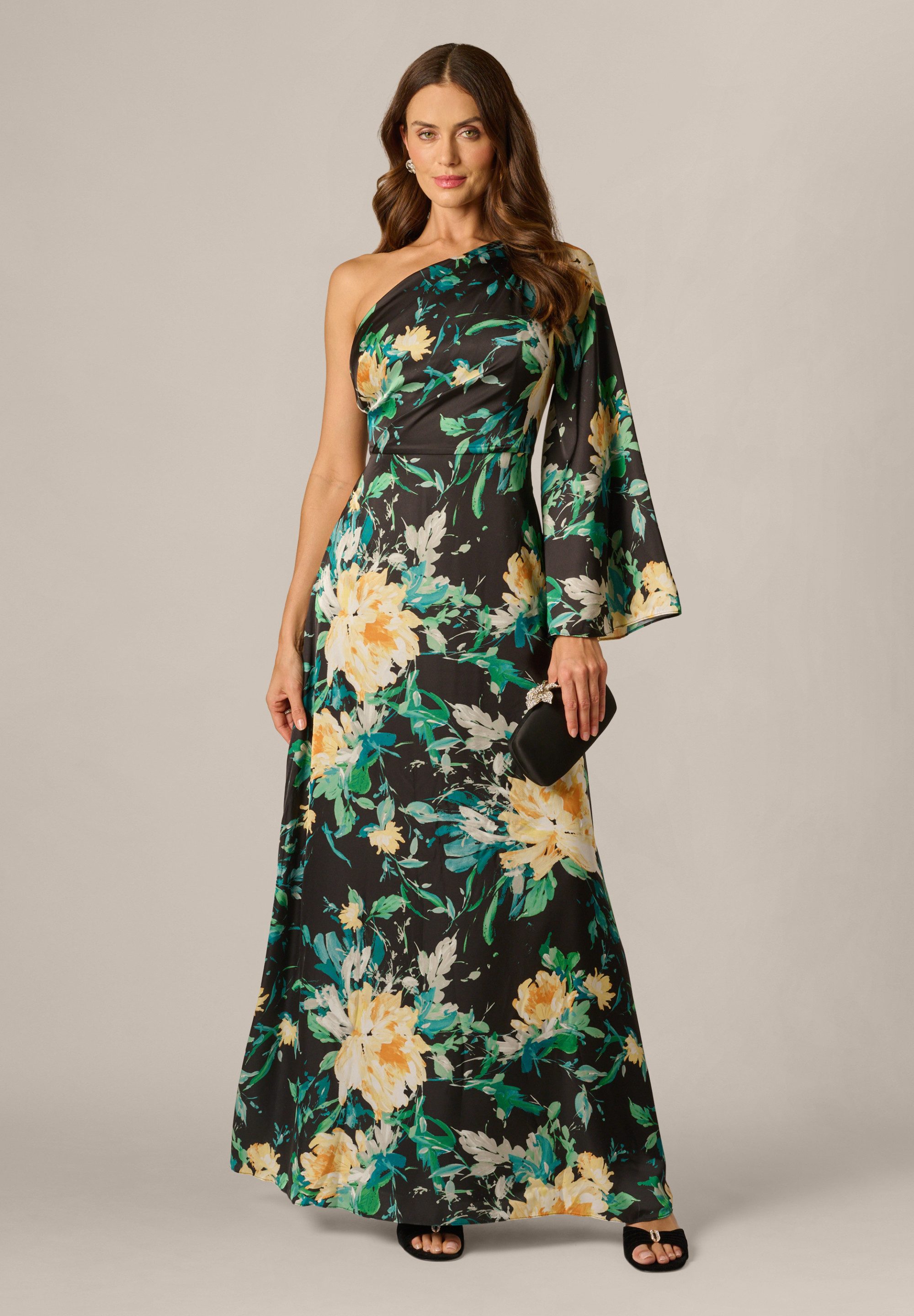 Adrianna Papell Abendkleid One Shoulder Printed Satin Gown Glänzendes, bodenlanges Blumenkleid aus Satin