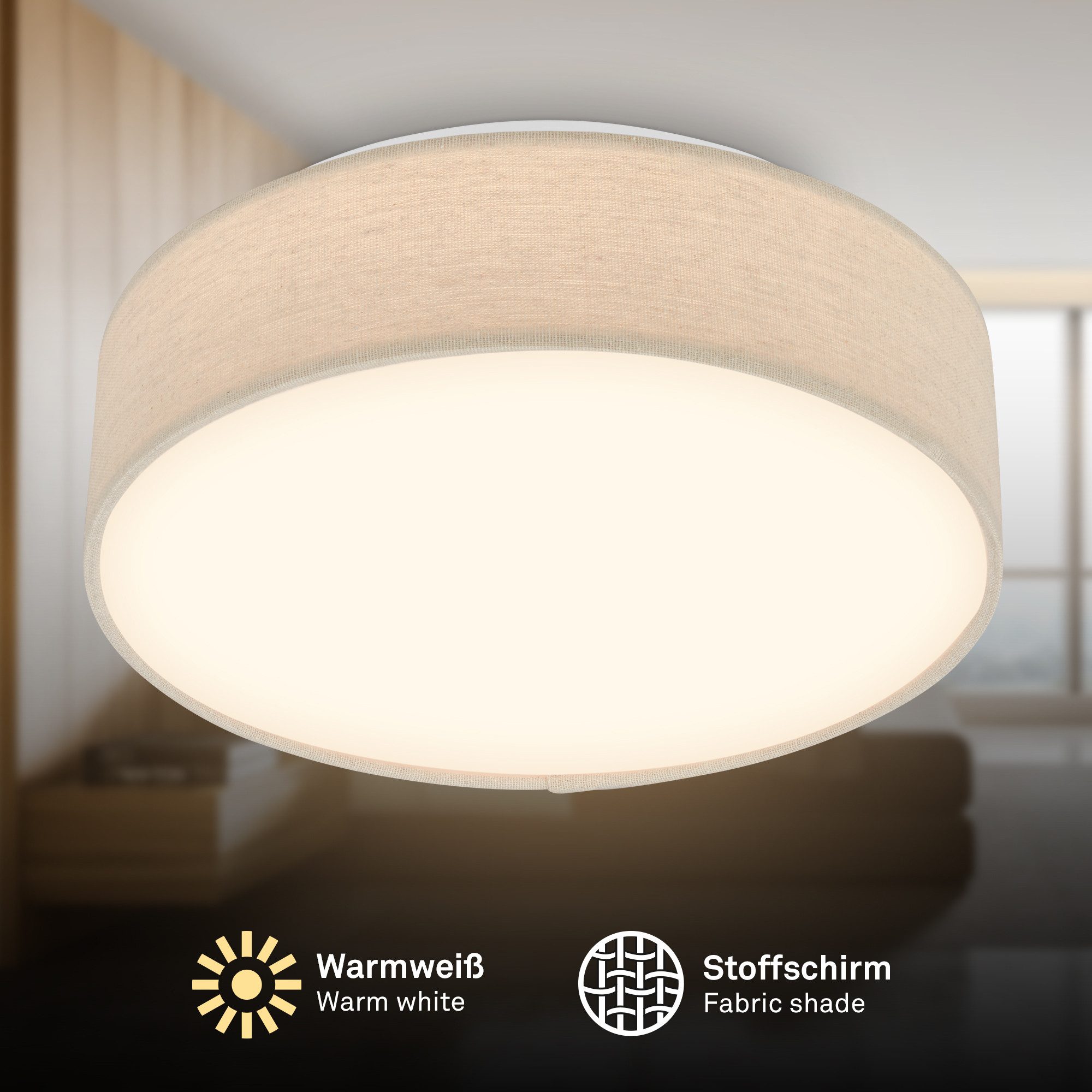 Briloner Leuchten LED Deckenleuchte Stoff-Deckenlampe Textillampe Stoffschirm Wohnzimmer Schlafzimmer, LED fest integriert, 3000K, 30/38x10,5 cm, Wohnzimmer, Schlafzimmer, Flur, Küche