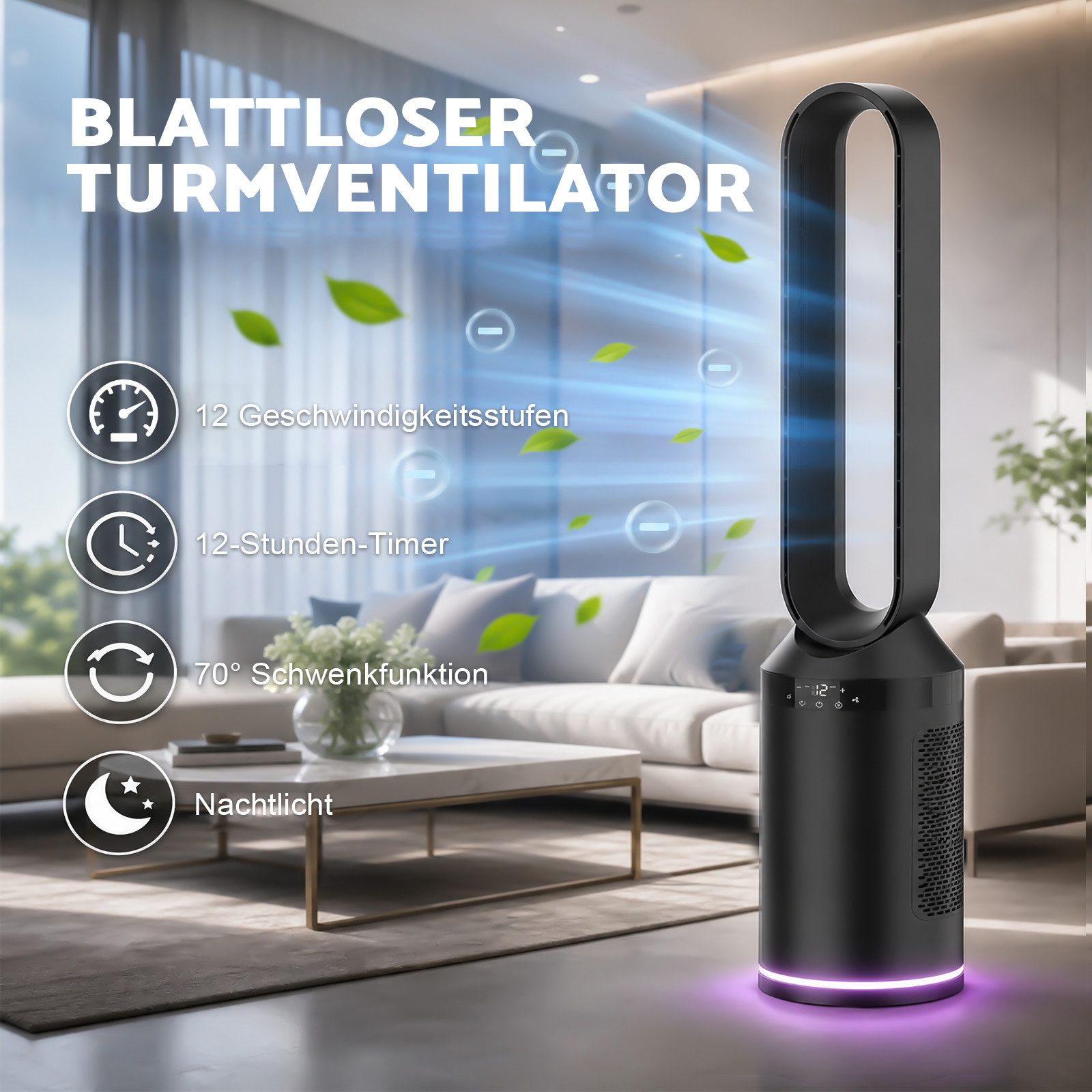 Rebonique Turmventilator Blattloser Ventilator mit Fernbedienung Standventilator sehr Leise, Tower-Ventilator 2 Modi, 70° Oszillation, 12H Timer, Nachtlicht