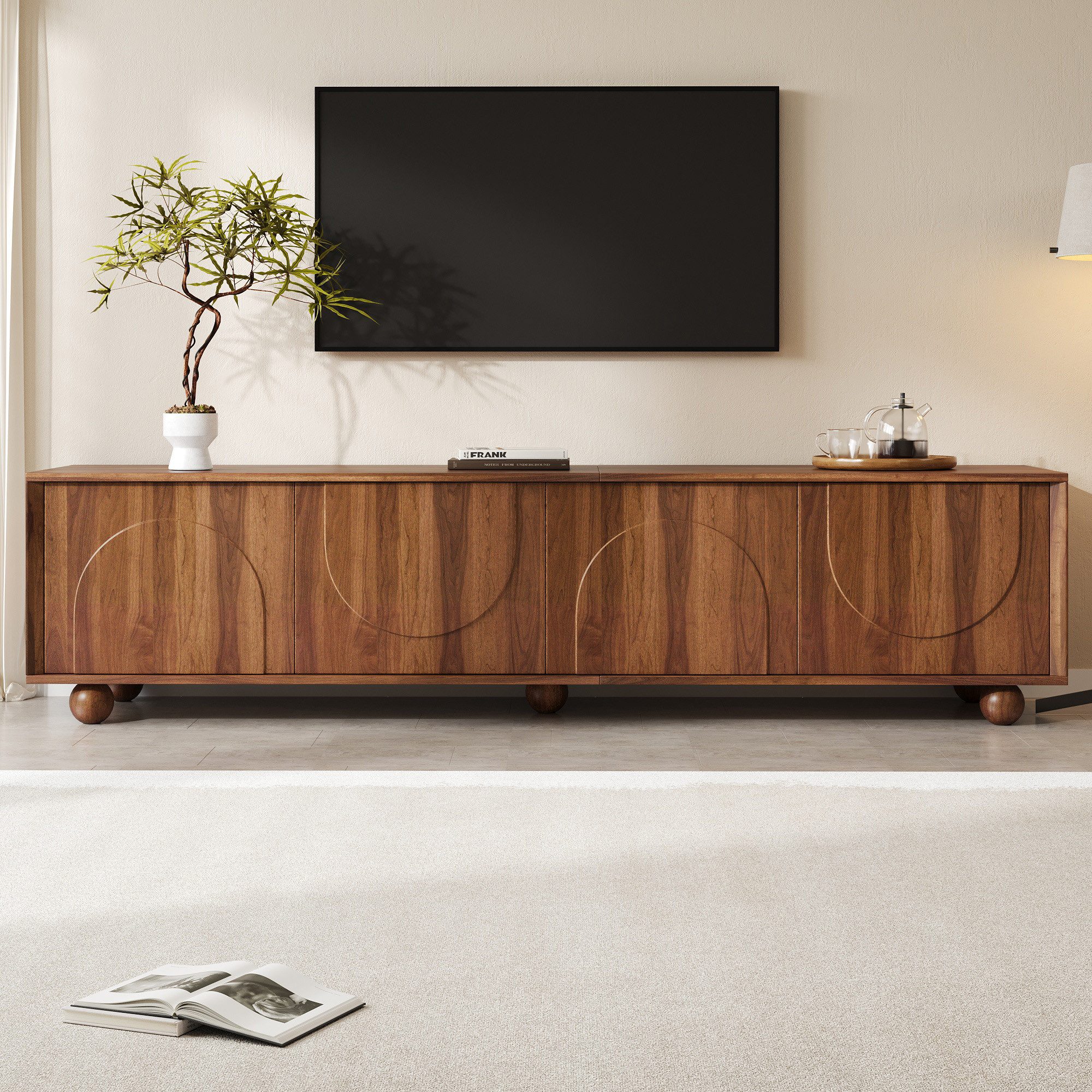 BlingBin TV-Schrank Lowboard TV-Ständer Fernsehkommode mit 4 Türen und Halbkreisrelief (1 Packung, 1-St., Push-to-Open-Türen,kugelförmigen Füßen,Kabeldurchlässe,Nussbaum) Moderner Fernsehschrank mit Stauraum für Wohnzimmer, Schlafzimmer
