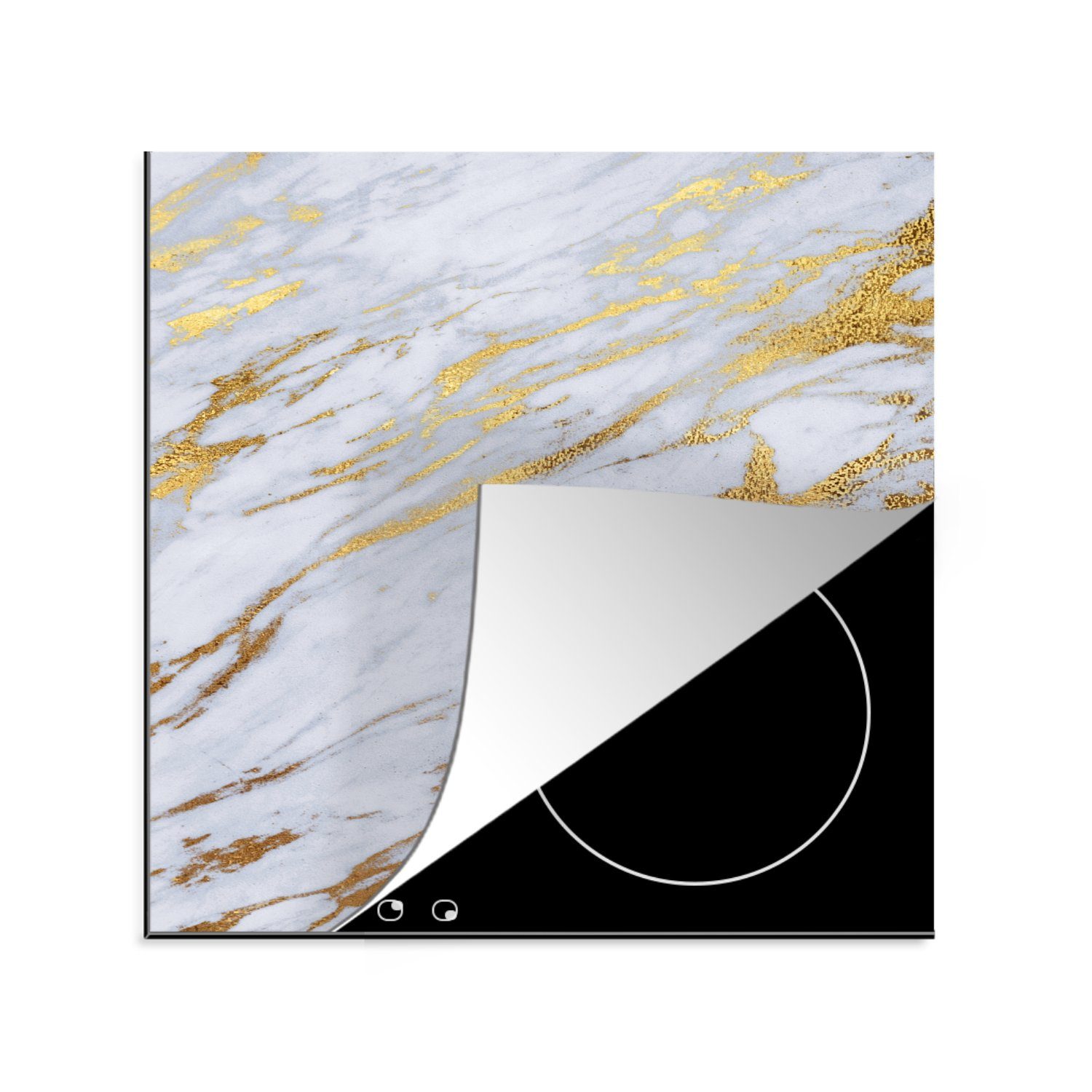 MuchoWow Herdblende-/Abdeckplatte 78x78 Ceranfeldabdeckung, Arbeitsplatte Textur, küche cm, (1 für Marmor - Weiß Vinyl, - Gold - tlg)