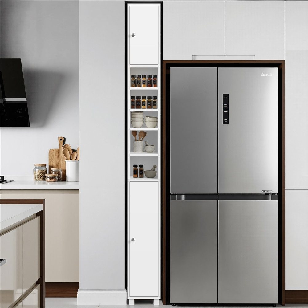 Yaheetech Hochschrank Schmaler Badezimmerschrank 181 cm (H) mit 2 Türen & Offenen Fächern, 6 höhenverstellbare Einlegeböden