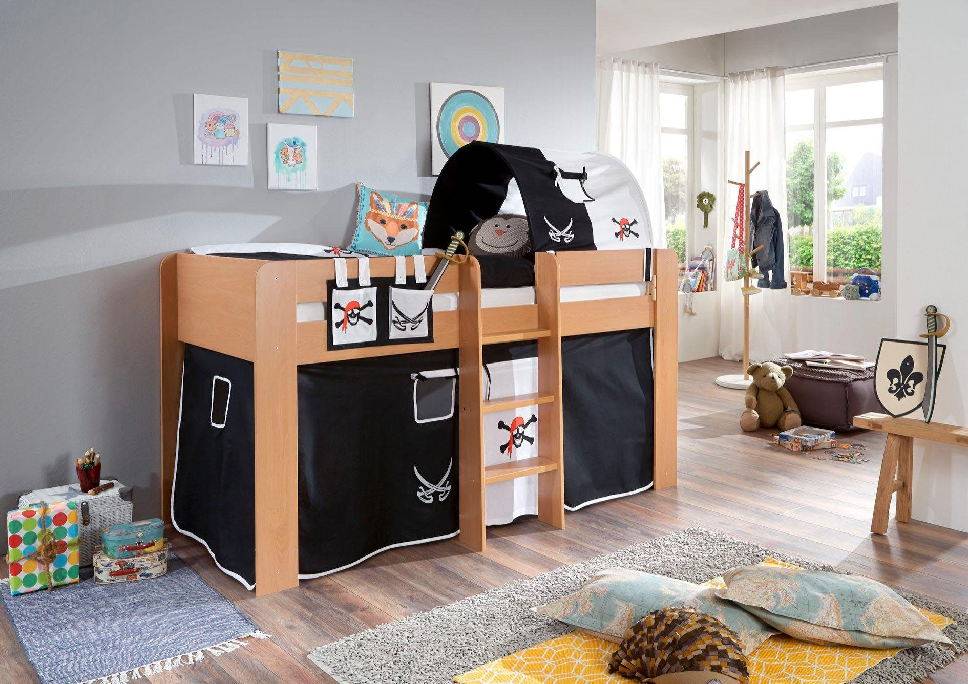 Relita Hochbett Andi mit Rolllattenrost, Textil-Set und Leiter, pflegel. Dekor Oberfläche