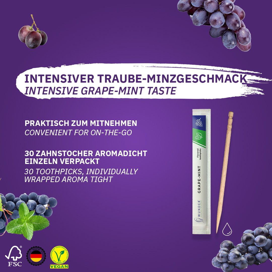 Wunder Zahnstocher Mundpflegecenter mit Geschmack 30x Zahnstocher einzeln verpackt - Traube Minze, frischer Atem - Alternative zu Kaugummi - Zuckerfrei & kalorienfrei
