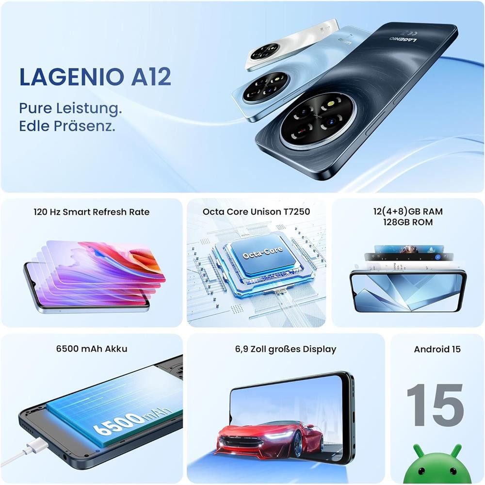 LAGENIO A12 6,9" Android Handy 12GB RAM 128GB 13 MP Kamera 120Hz Seniorenmodus Smartphone (13 MP Kamera, lange Akkulaufzeit 120 Hz Display Gesichtserkennung Handy ohne Vertrag)
