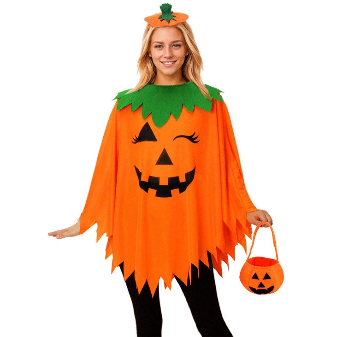 nsihing Kostüm Kürbis Umhang Kinder Erwachsene mit Kürbishut Tasche, Unisex Halloween Kürbis Kostüm für Karneval Cosplay Party Kleid