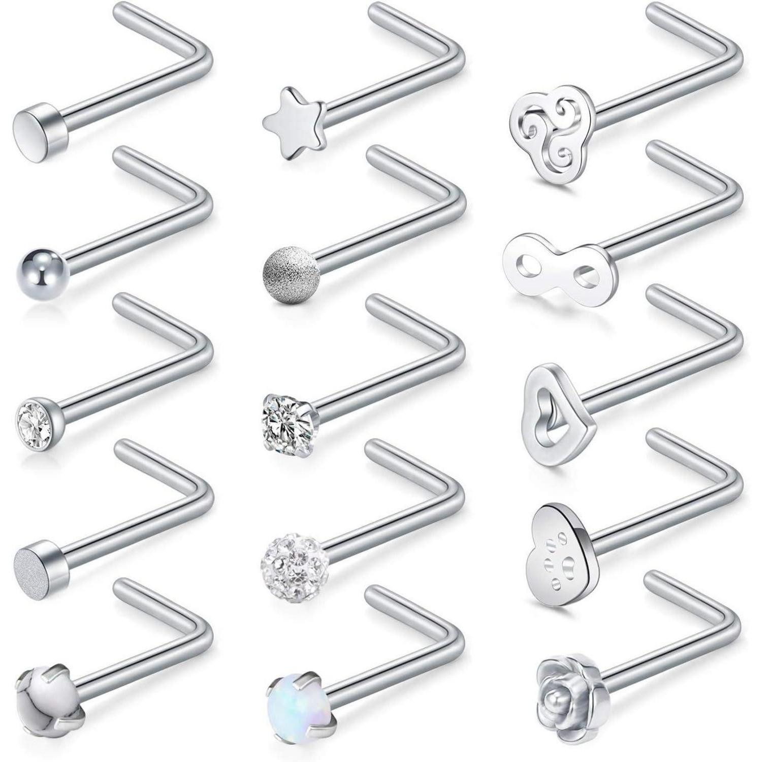 Briana Williams Nasenpiercing Nasenpiercing Stecker Silber Edelstahl 20G Spiral L-Form 15er Set