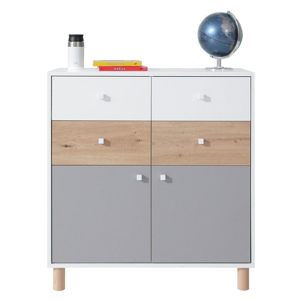 Lomadox Kommode FAIRFAX-133, Sideboard 85cm breit, in weiß mit Eiche und grau
