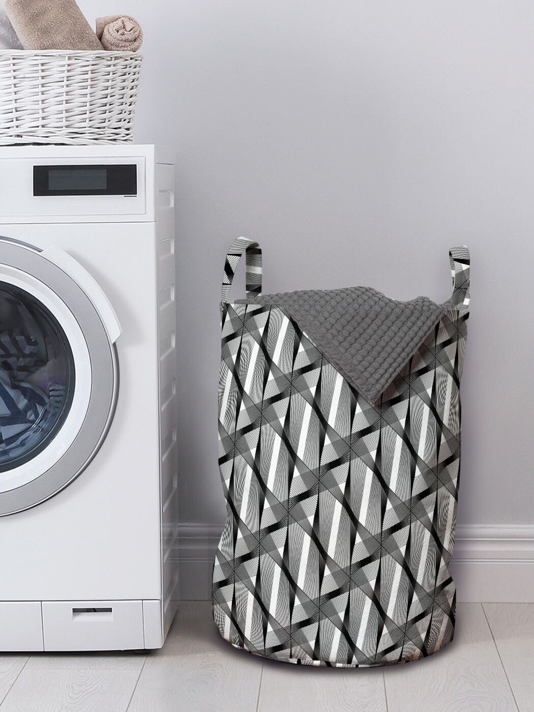 Waschsalons, für Wäschekorb Abakuhaus Shapes Griffen mit Kordelzugverschluss Wäschesäckchen Monotone Abstrakt Greyscale