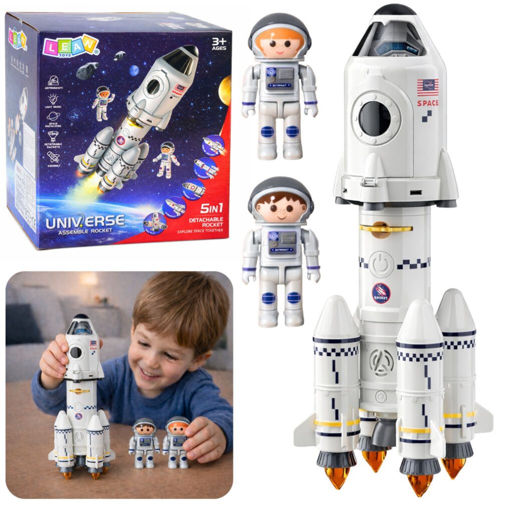 LEAN TOYS Spiel Lernspielzeug Weltraumrakete 5 in 1 Astronauten Licht und Geräusche