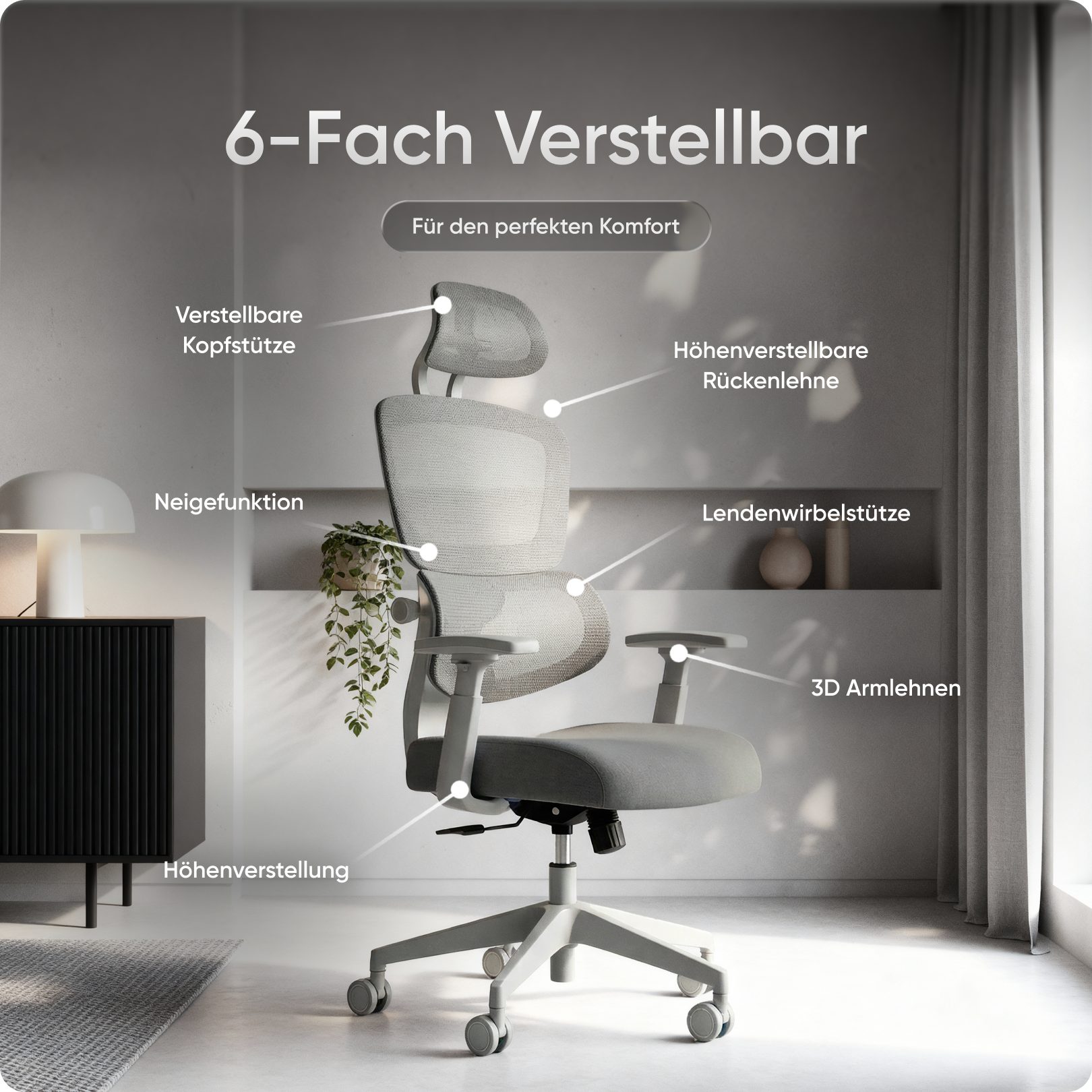 DESKSPACE Bürostuhl Move Ergonomischer Bürostuhl 3-stufige Neigung Schreibtischstuhl 150kg, Intelligente Lordosenstütze zur automatischen Rückenunterstützung