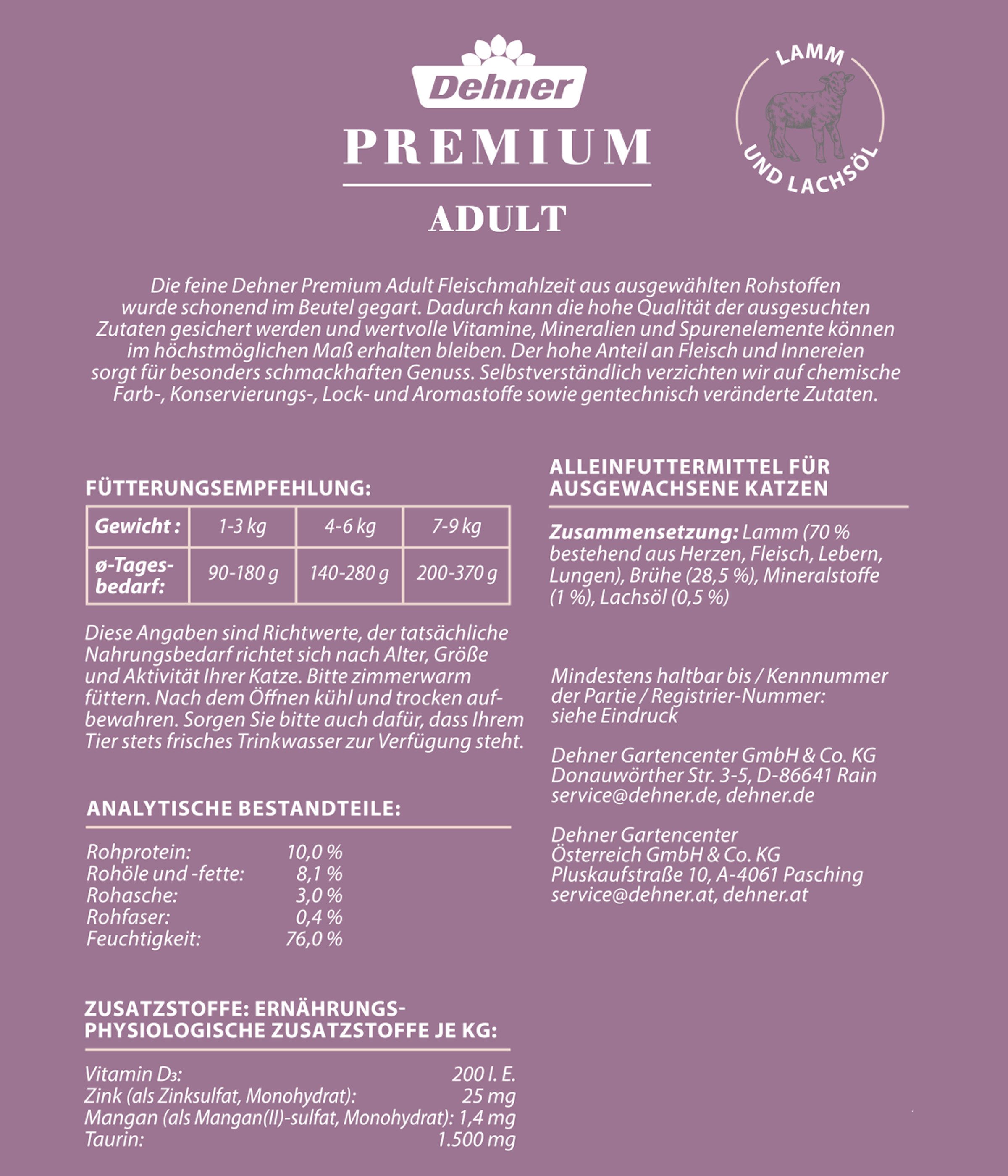 Dehner Premium Adult, verschiedene Sorten, 12 x 100 g Beutel, Nassfutter für: Katze, Nassfutter für ausgewachsene Katzen