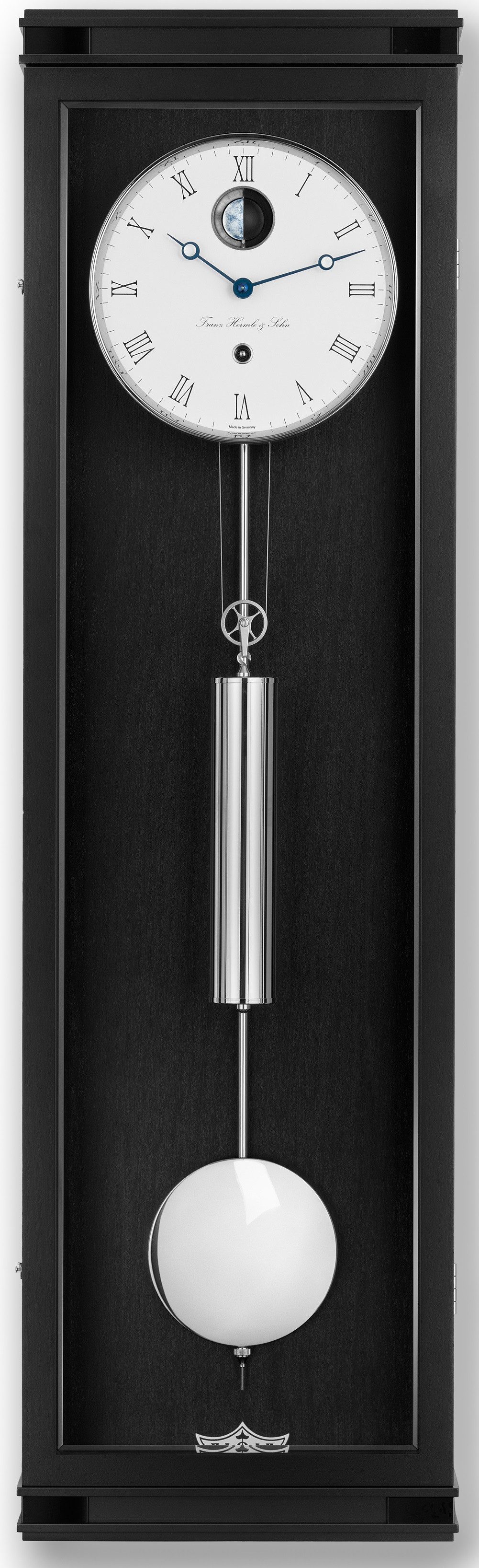 Hermle Pendelwanduhr Monatsläufer 71012/13 schwarz mechanisches Manufaktur Uhrwerk 0761 (dreidimensionale, handbemalte Mondphase)