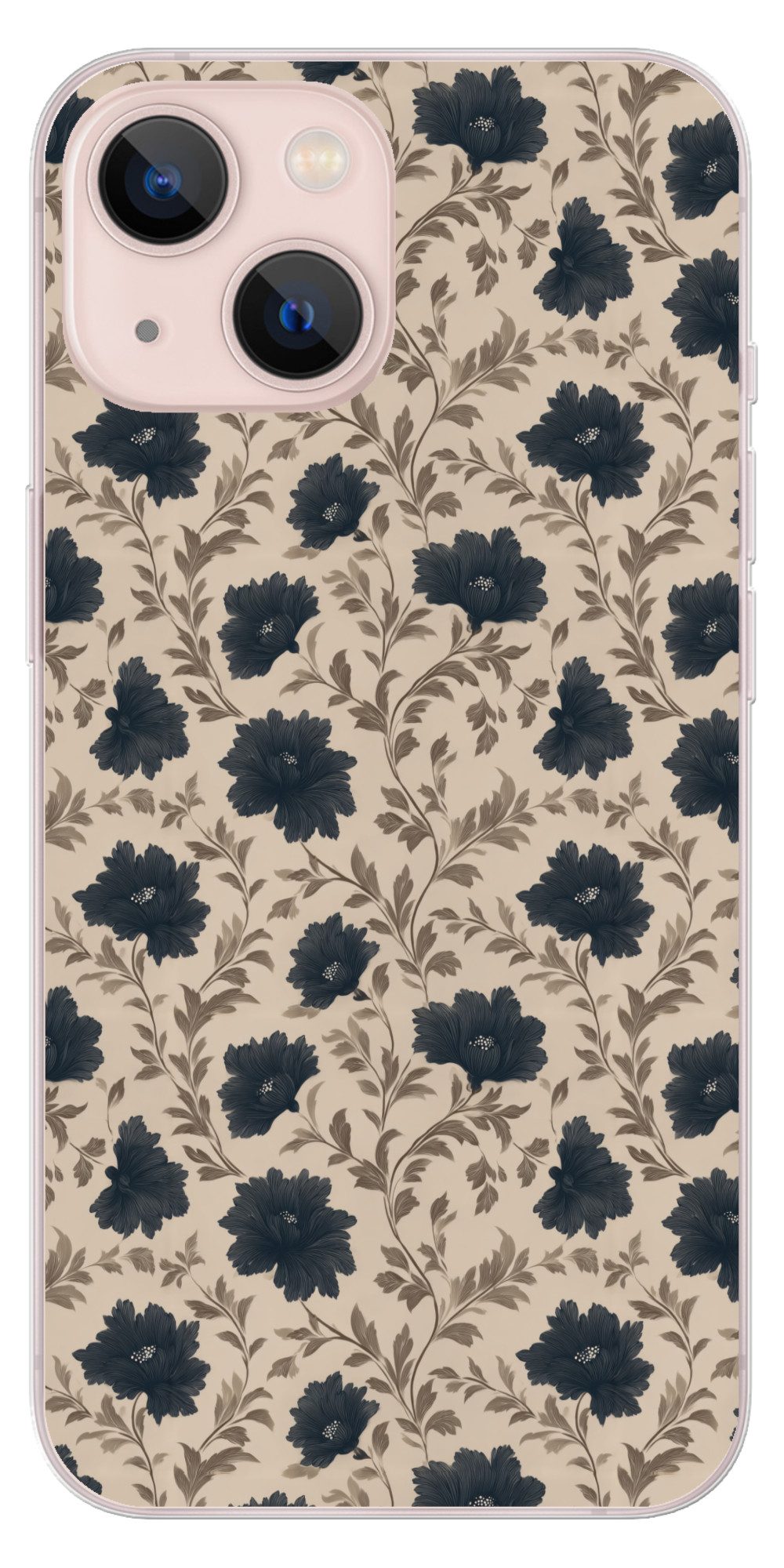 MuchoWow Handyhülle für Apple iPhone 13 Motiv - Blumen - Schwarz - Beige, Smartphone-Bumper, Print, Handy Schutzhülle Dünn