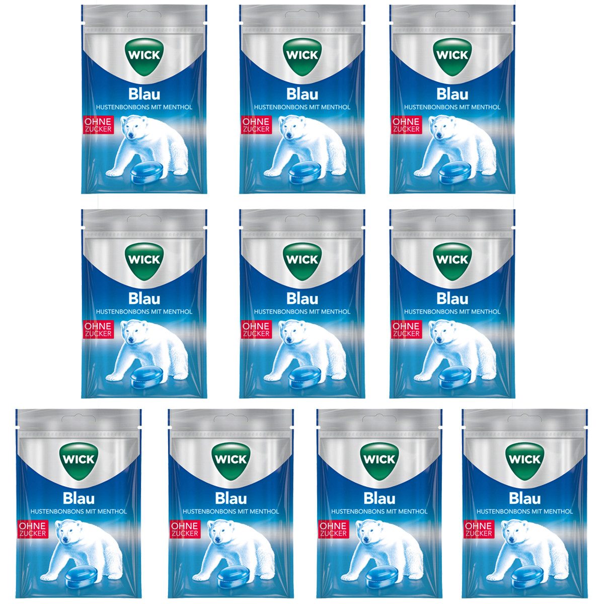 WICK Süßigkeit, WICK Blau Menthol zuckerfreie Halsbonbons mit Menthol 72g 10er Pack