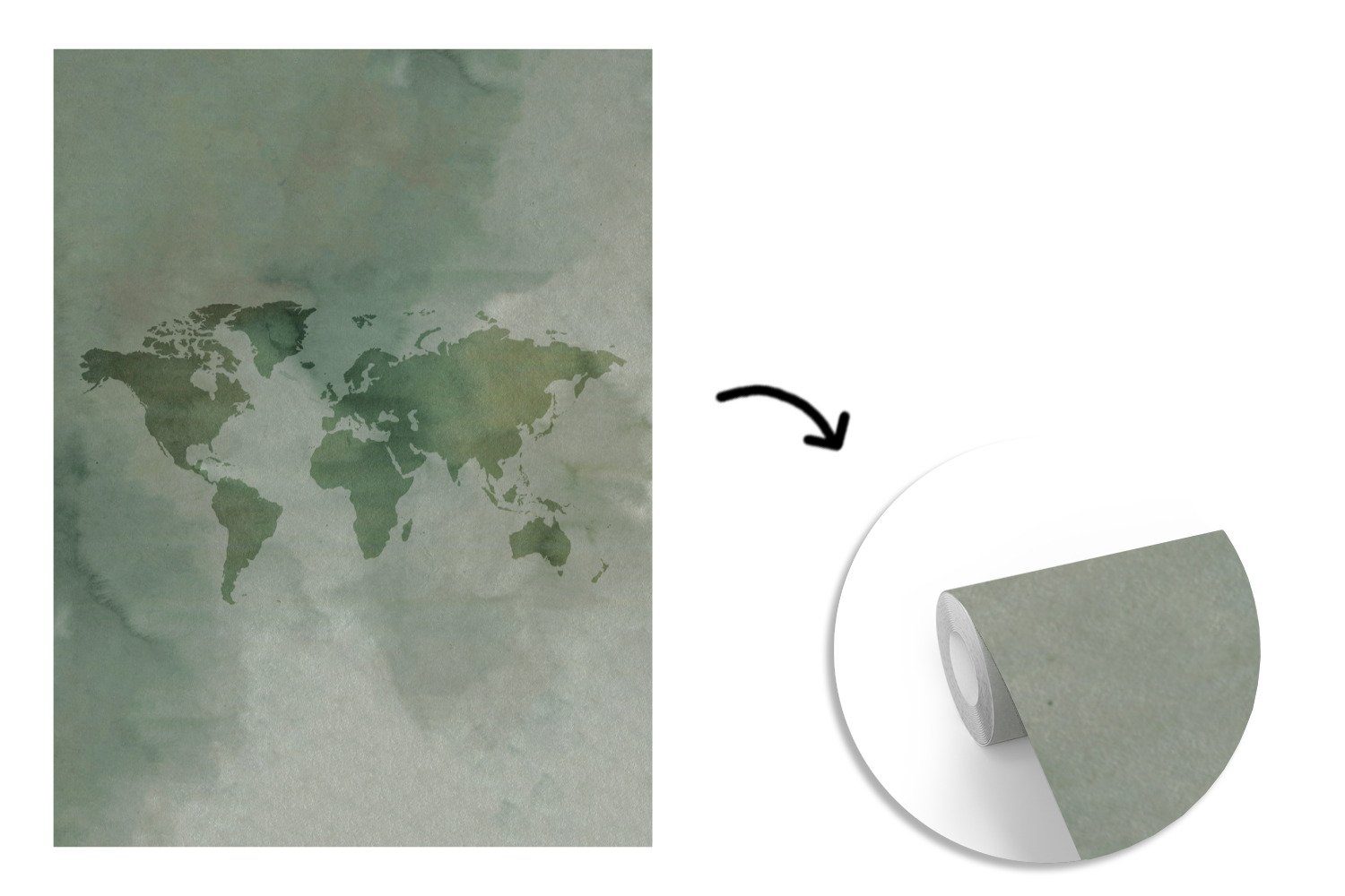 Weltkarte Montagefertig für bedruckt, Grau, Aquarellfarbe - (4 Vinyl Wohnzimmer, - Matt, Tapete St), Wandtapete MuchoWow Fototapete