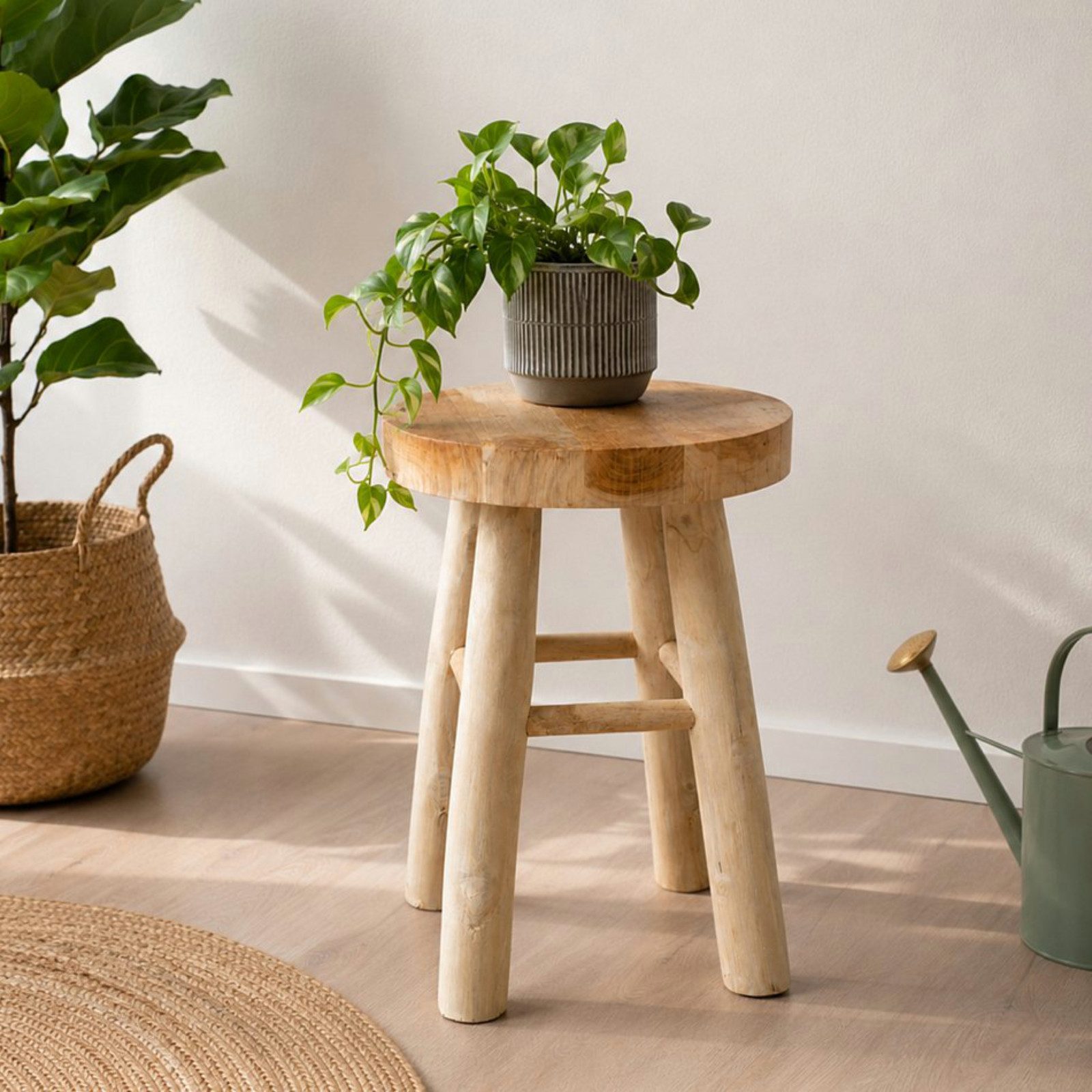 Koopman Blumenhocker SitzhockerTeakholz 42 cm Massiv Ø 30 cm Handmade Unperfekt (Stück, 1 St., Packung), Stabil, bis 70 Kg belastbar, fertig montiert, Schemel – Bild 2 von 5