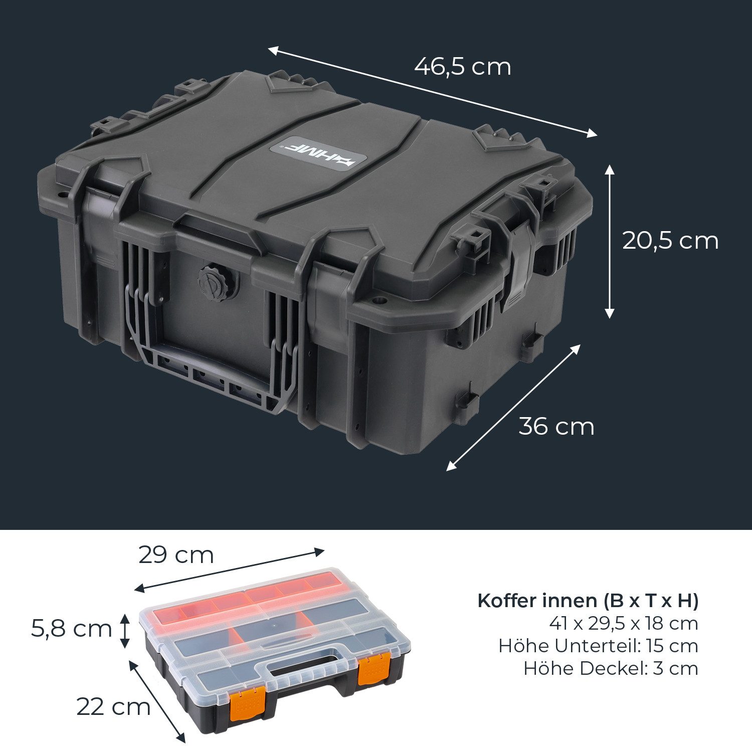 HMF Werkzeugkoffer Outdoor Werkzeugkoffer leer, Werkzeugkasten groß, 46,5 x 36 x 20,5 cm, Schwarz – Bild 5 von 5