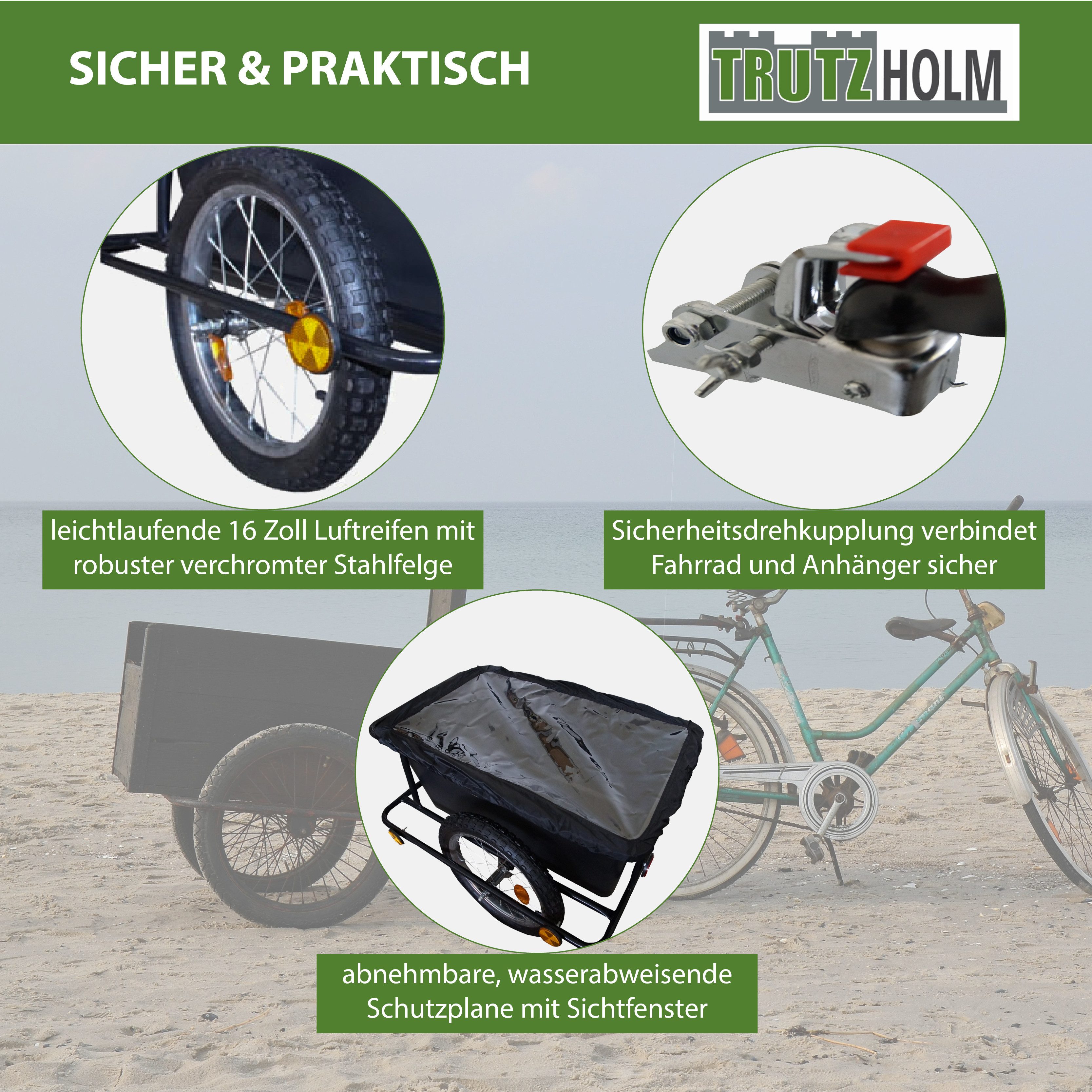 TRUTZHOLM bicycle cargo trailer with coupling, 90L capacity, tarpaulin, handcart, transport trailer, payload as a handcart: approx. 90 kg