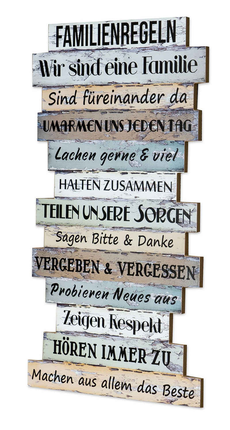 Levandeo® Holzbild, Wandbild 56 x 33 cm Familienregeln Holzschild Shabby Chic Vintage