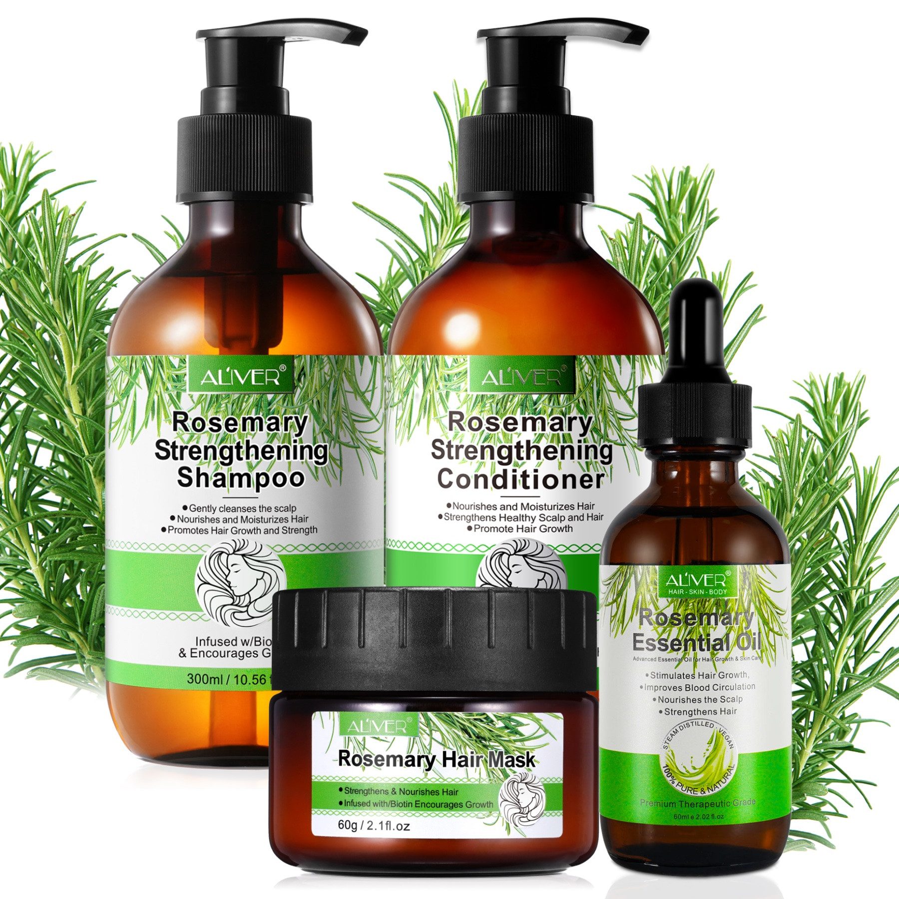 ALIVER Haarpflege-Set Rosmarin Set Shampoo Conditioner Haarmaske Haaröl Haarwachstum Vegan