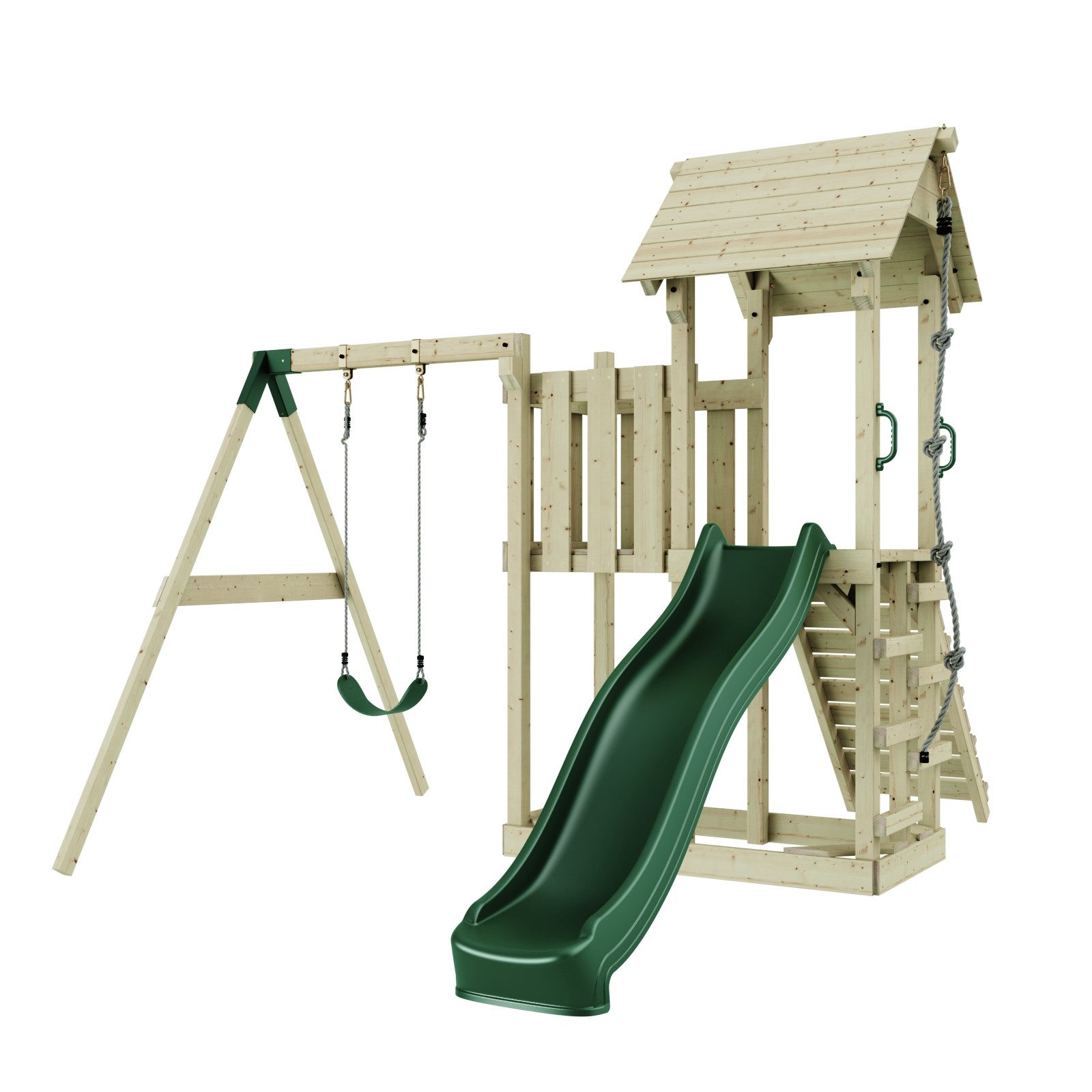 OutdoorToys Spielturm Bergen, aus Holz in Smaragdgrün mit Kinderschaukel & Rutsche