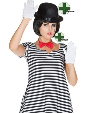 Karneval-Klamotten Kostüm Pantomime Ringel Tunika MIT Melone und MIT Fliege, Kostüm schwarz weißes Ringel Shirt Mime Clown Harlekin