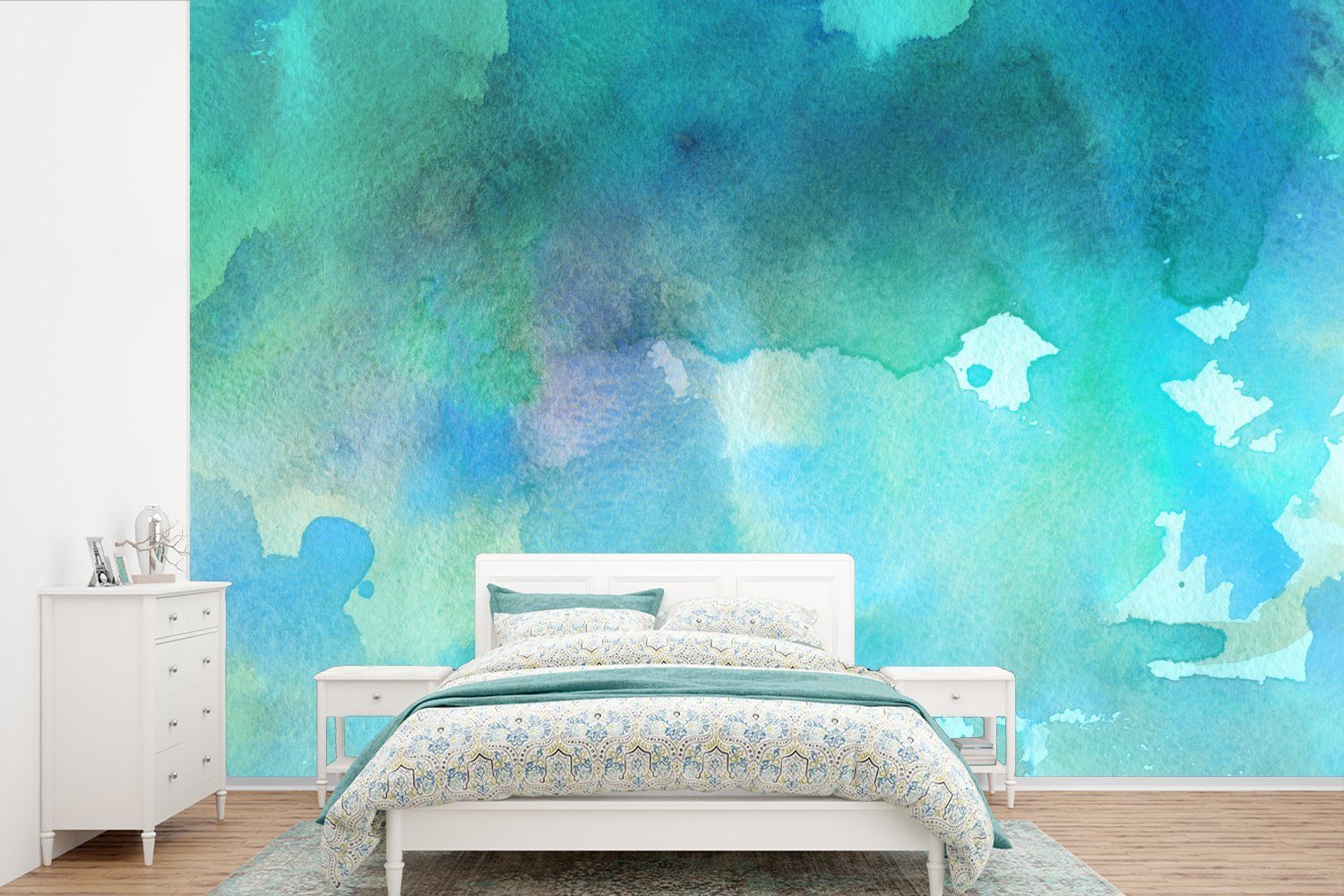 MuchoWow Fototapete Aquarell - Grün - Blau, Matt, bedruckt, (6 St), Wallpaper für Wohnzimmer, Schlafzimmer, Kinderzimmer, Vinyl Tapete