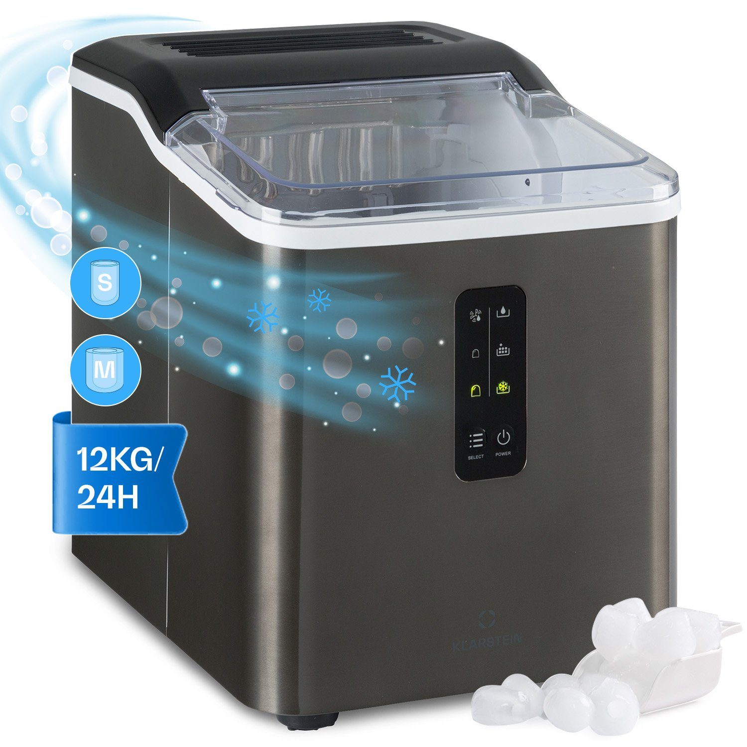 Klarstein Eiswürfelmaschine Albaron Supreme Eiswürfelmaschine Bullet 12 kg/24h 1,5L Tank Edelstahl, Ice Maker Eismaschine elektrisch Bullet-Eis mit LCD