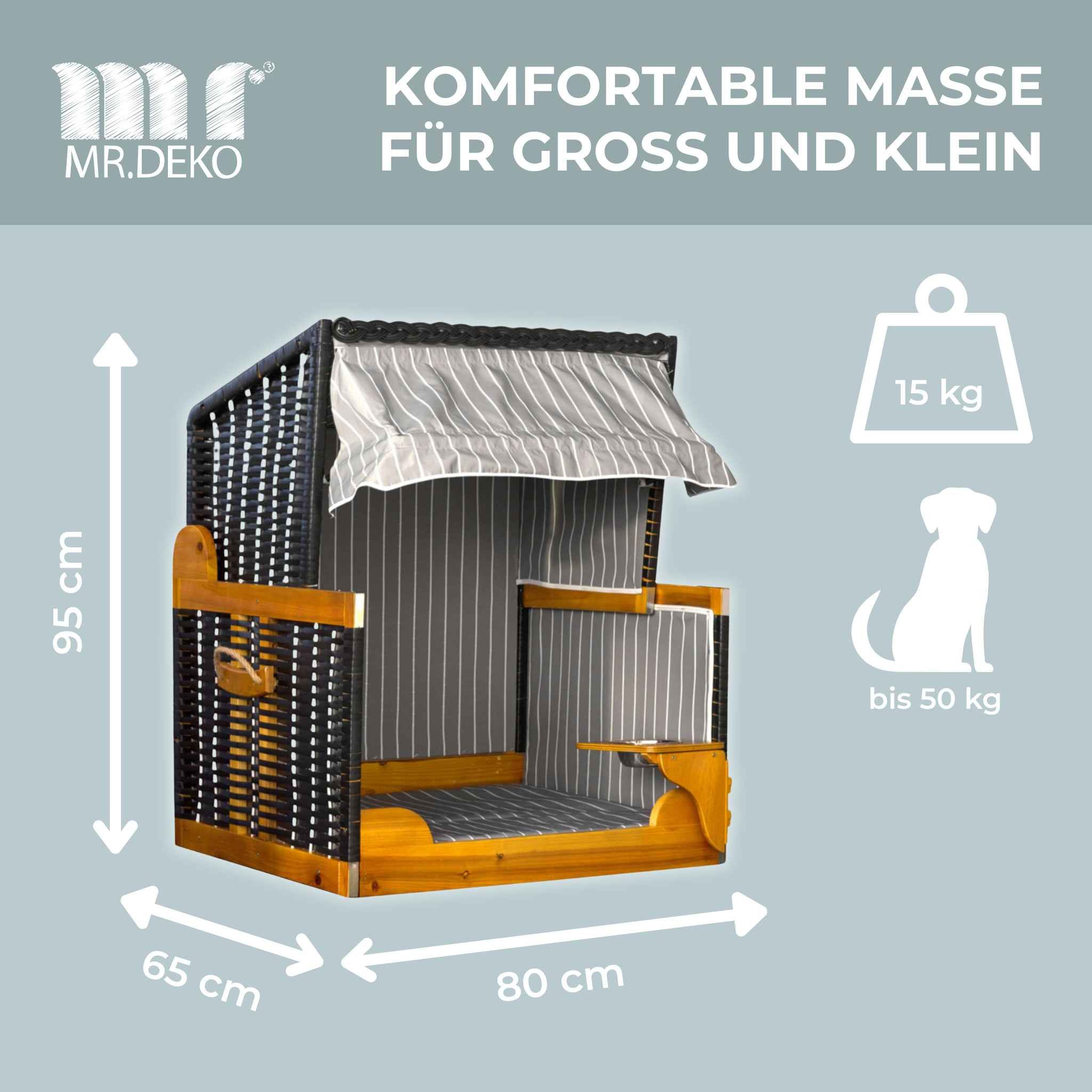 MR.DEKO Haustierstrandkorb Wacholder wetterfest, Hundebett Rattan 80x65x95cm, Hundestrandkorb, BxTxH: 80x65x95 cm, Hundestrandkorb, Hundestrandkorb, (Strandkorb für Hunde und Katzen, zerlegte Lieferung, 1-tlg), Hundekorb mit Napf, verstellbarer Sonnenblende