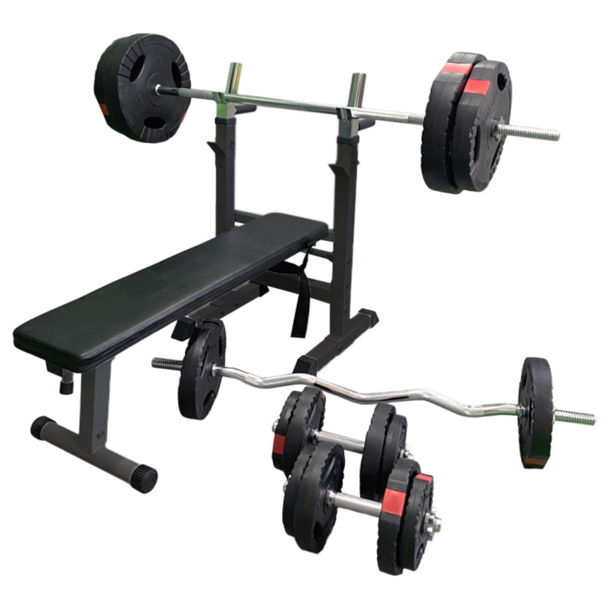 Hantelbank Langhantelset 100 kg, mit Ablage und Dip-Station, Klappbar