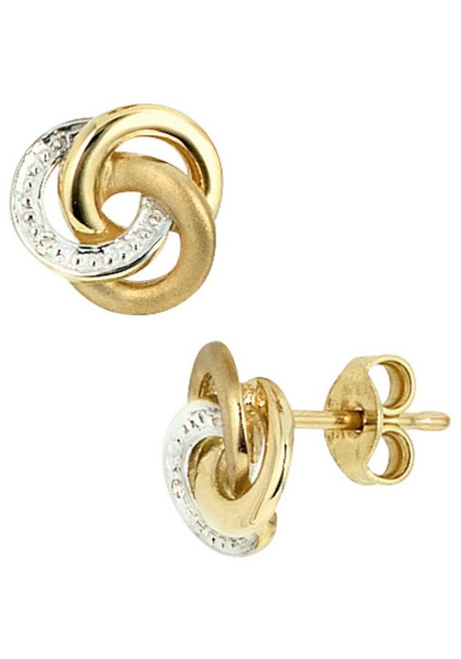 JOBO Paar Ohrstecker, Knoten 585 Gold bicolor mit 2 Diamanten, Höhe ca. 8,8  mm, Breite ca. 9,4 mm