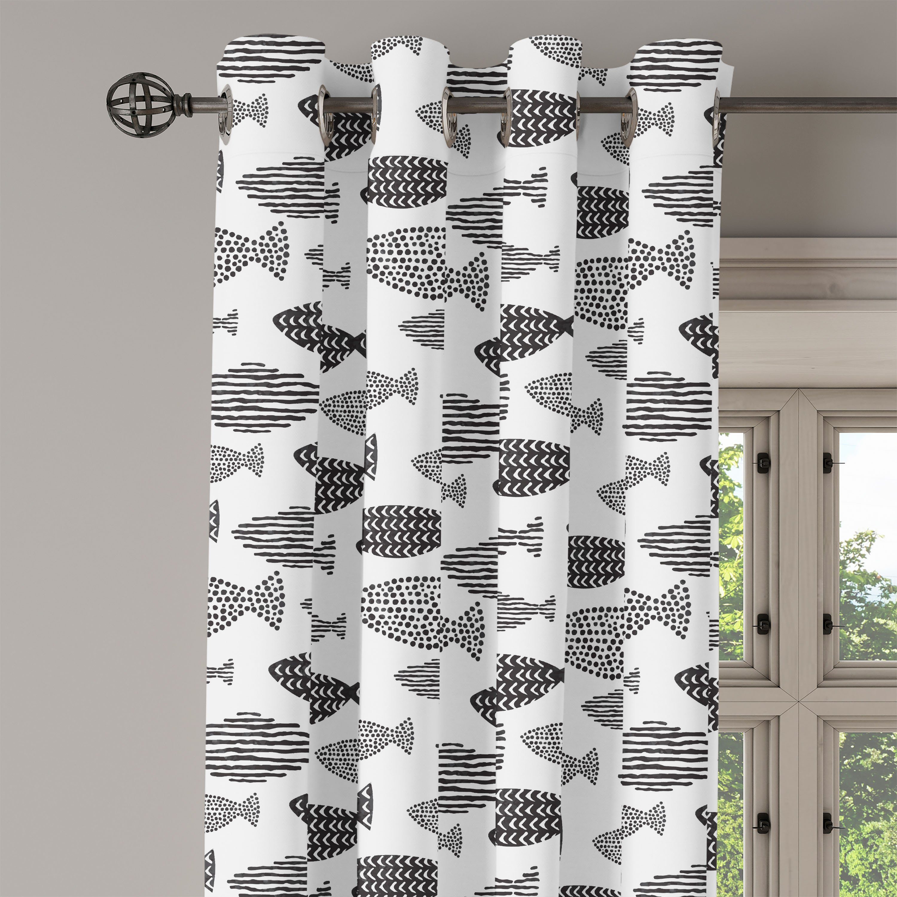 Gardine Dekorative 2-Panel-Fenstervorhänge Seetiere Fisch Abakuhaus, Wohnzimmer, Schwarz Weiß für Schlafzimmer