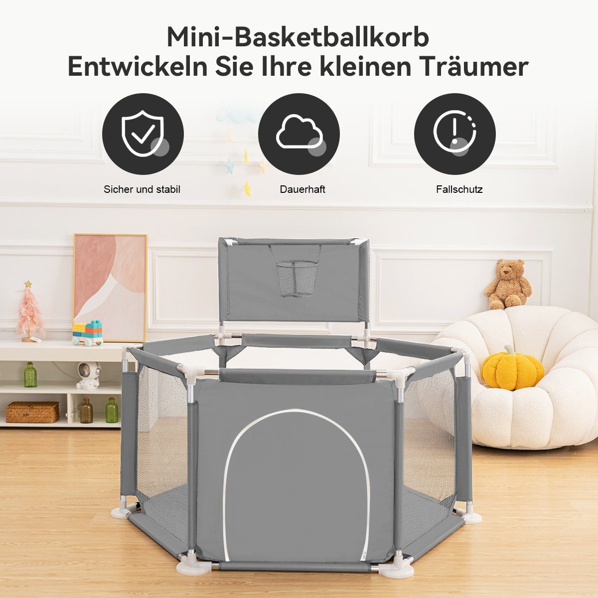 Basketball-Netz mit Baby Comomy 130x130x64cm Krabbelgitter Laufgitter,