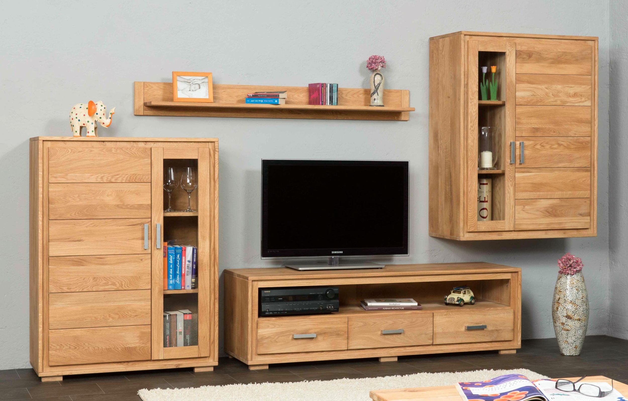 Trendmöbel24 Wohnwand Wohnzimmerschrank Basel Set IV 4-teilig Wildeiche Massivholz, (Komplett-Set, 4-St., Hängevitrine, Lowboard, Highboard, Wandboard)