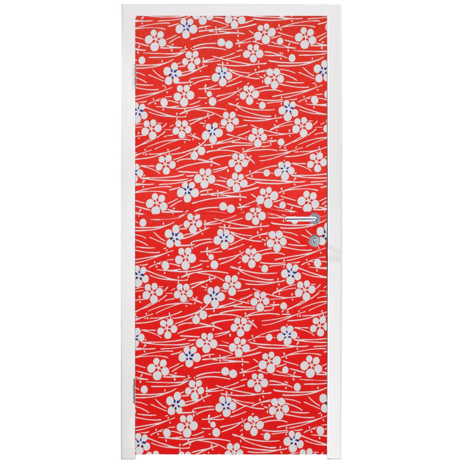MuchoWow Türtapete Ein rotes Blumenmuster, 75x205 St), cm Tür, und (1 weißes Fototapete bedruckt, Türaufkleber, für Matt