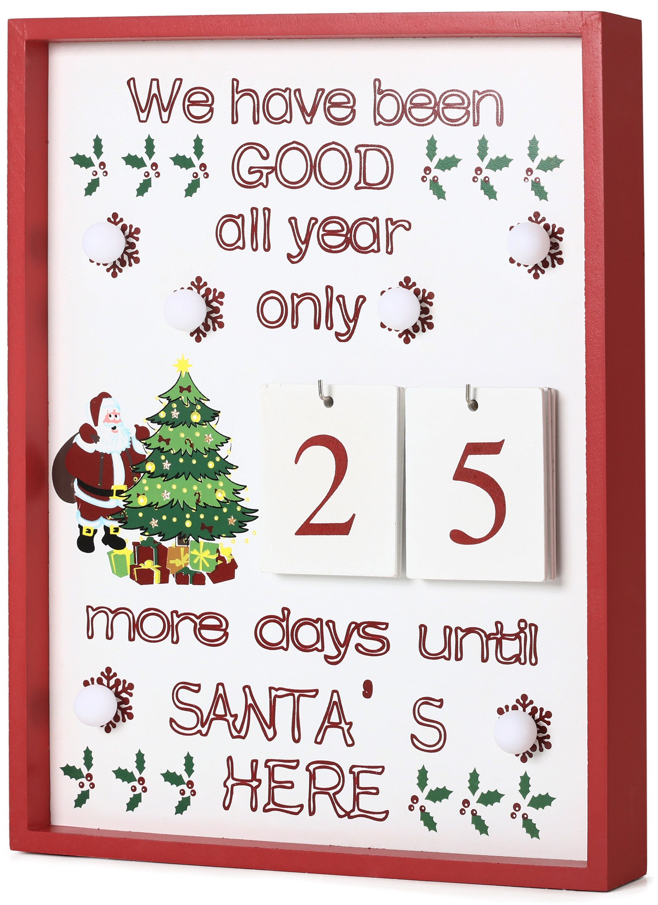 BRUBAKER Adventskalender Adventskalender Countdown Wandtafel - Kalender Weihnachten aus Holz (1-tlg), mit Kalenderblättern und 6 LED Lichtern - 28 x 4 x 35,5 cm