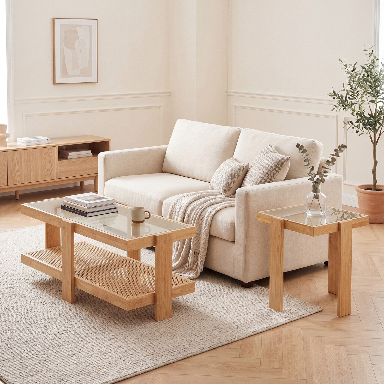 COSTWAY Couchtisch (2er Set), Satztisch aus gehärtetem Glas, Rattan, rechteckig mit Stauraum