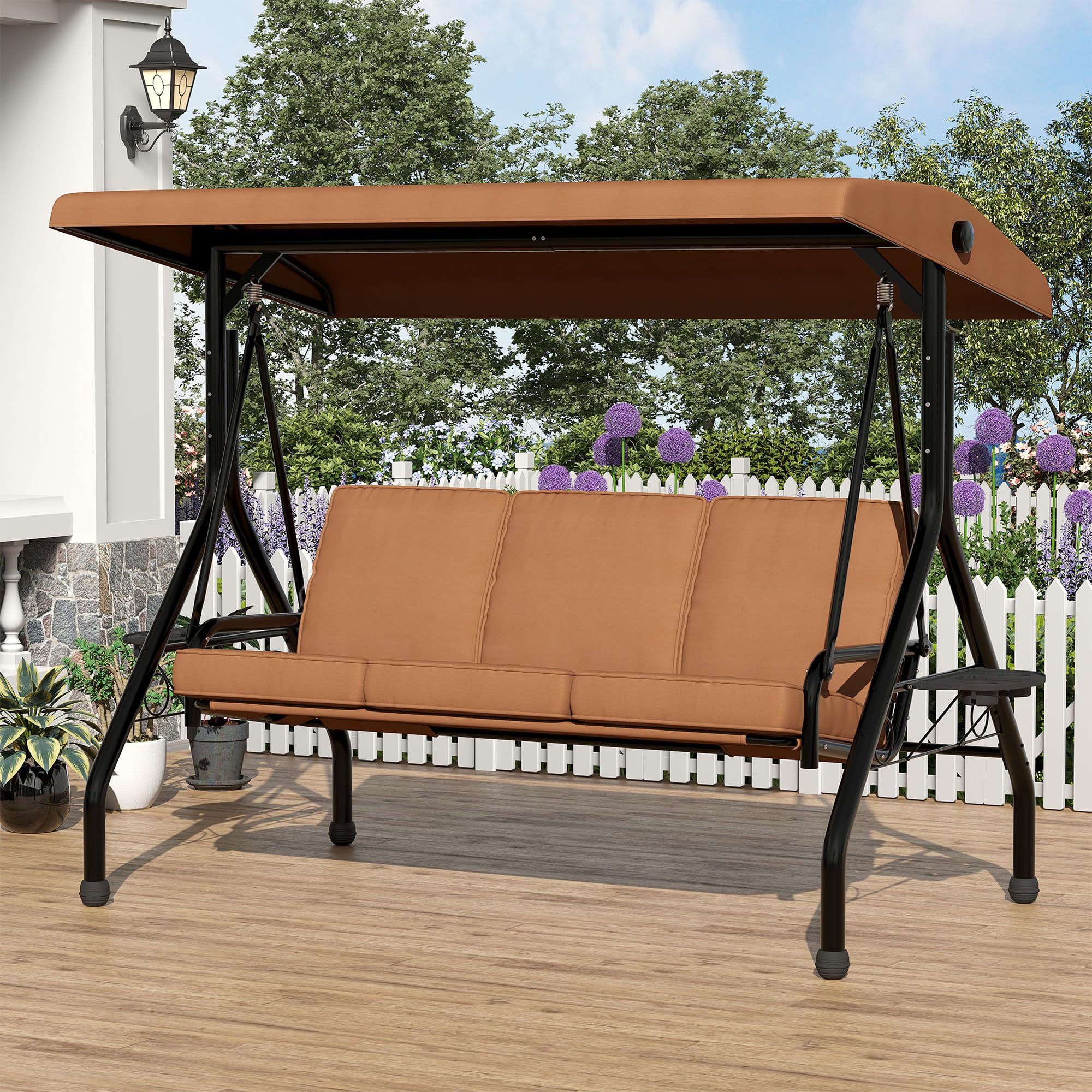 GarveeMore Hollywoodschaukel 3-Sitzer mit Sonnendach und Getränkehaltern Gartenschaukel bis 350kg