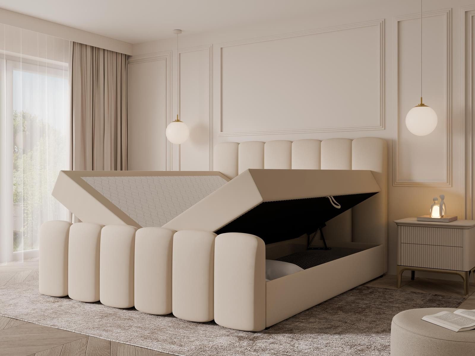 Compleo Boxbett Wolkenbett, Bequem H3 CAOBA, Doppelbett gepolstertes Kopfteil mit Bettkasten